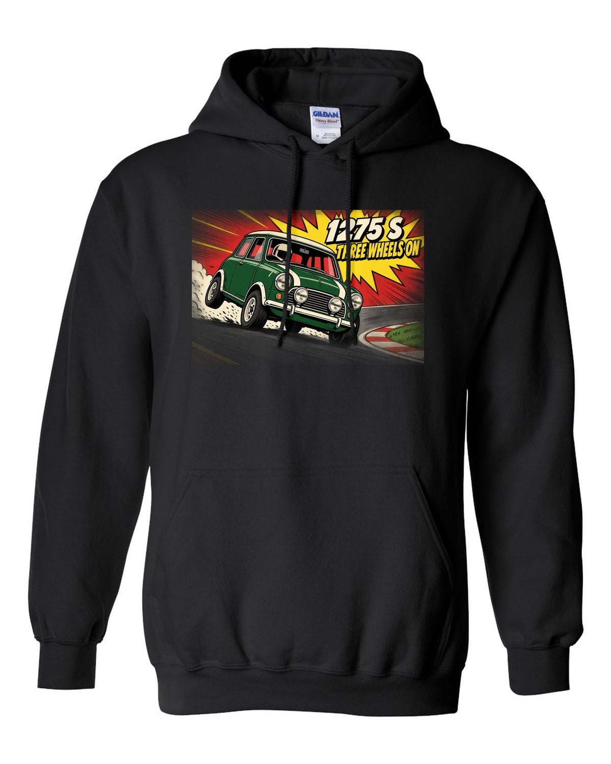 Pop-art flat colour print of a Classic Mini Cooper S 1275 S on three wheels with speed lines black pull over hoodie front view with the design