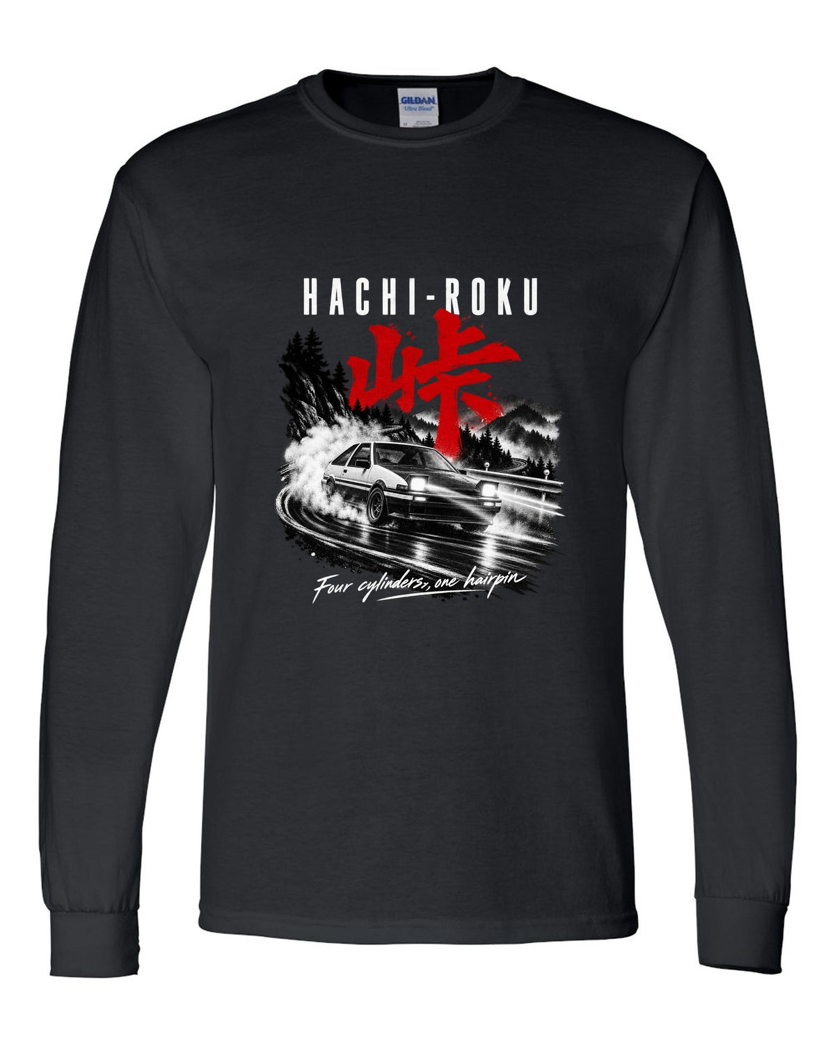 print of a Toyota AE86 Sprinter Trueno on a night touge with Hachi-Roku lettering and a hairpin bend black long sleeve front view with the design