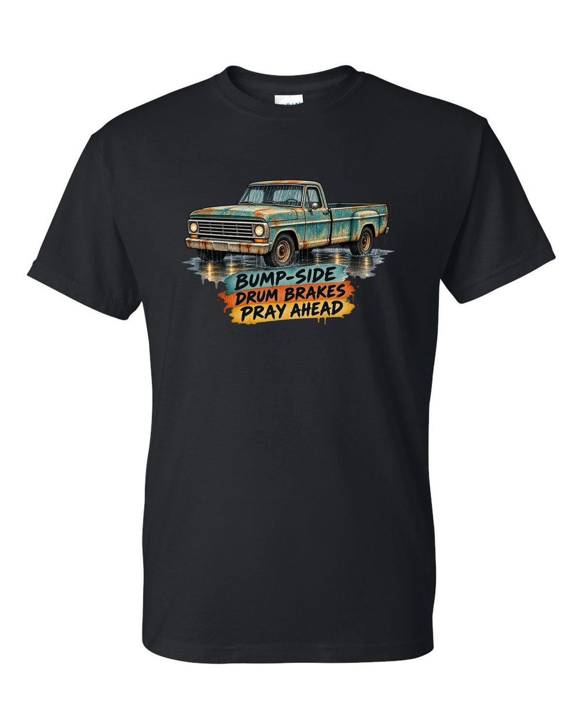 1967-72 Ford F-Series Bump-Side Barn Find Watercolour black t-shirt front view with the design