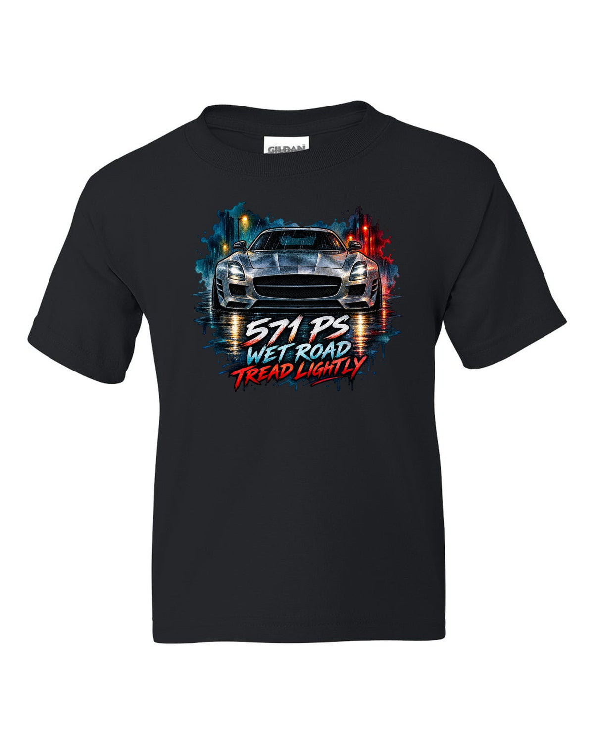 Watercolour illustration of a Mercedes SLS AMG C197 on a wet night road with 571 PS text black kids tee front view with the design