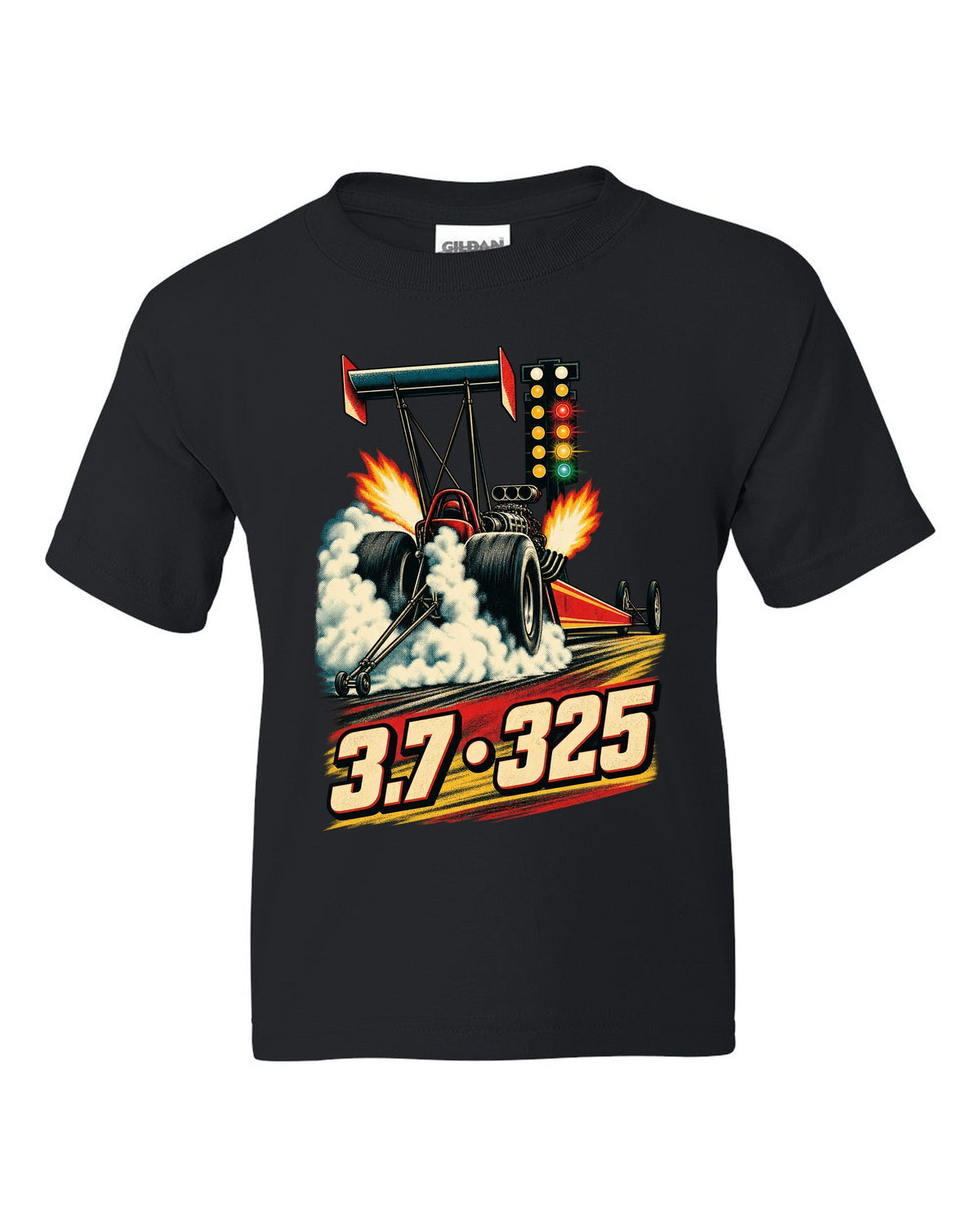 Retro poster style Top Fuel dragster doing a burnout with halftone smoke and 3.7 325 lettering black kids tee front view with the design