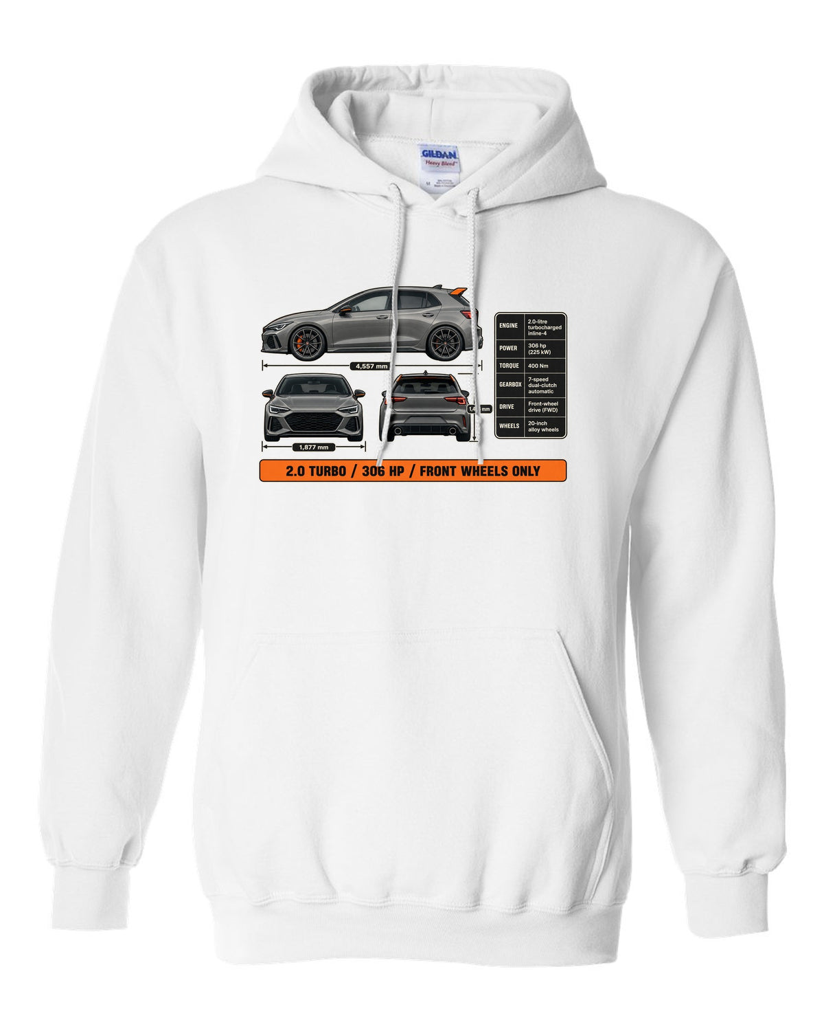 print three-view drawing of a Sonic Grey Honda Civic Type R FK8 white pull over hoodie front view with the design