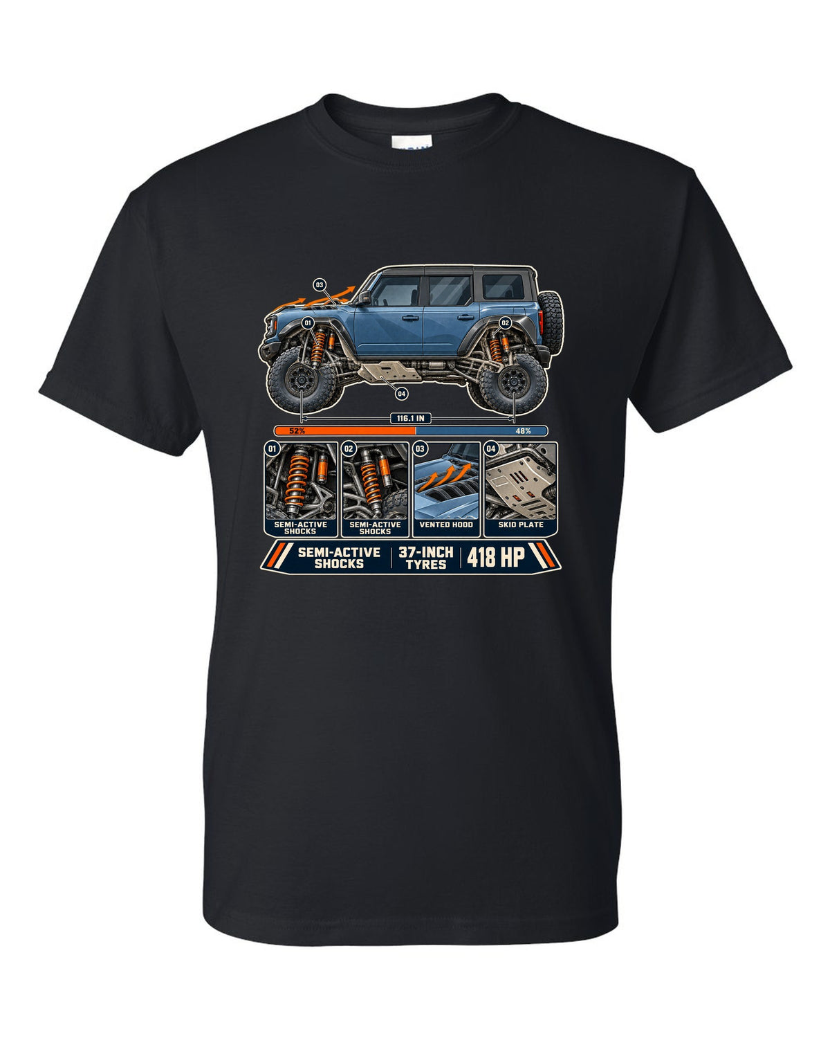 Ford Bronco Raptor suspension cutaway with callouts print black t-shirt front view with the design