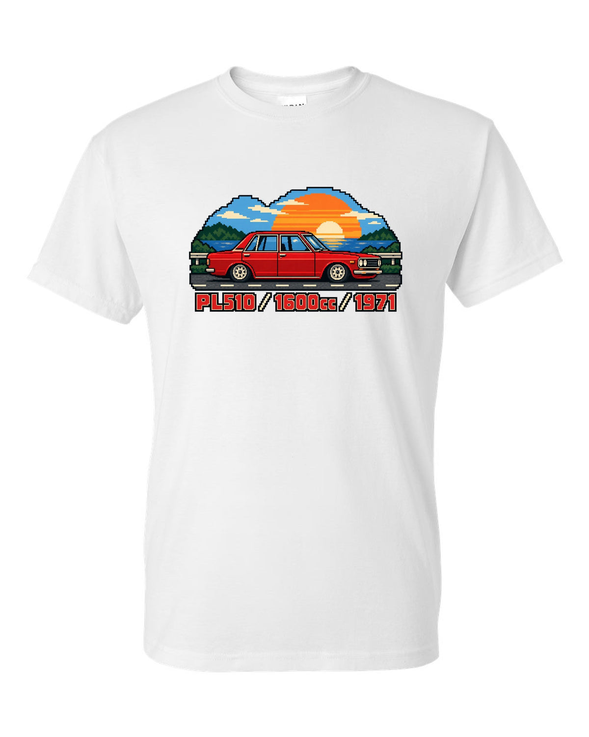 16-bit pixel art of a 1971 Datsun 510 PL510 sedan with 1600cc lettering white t-shirt front view with the design