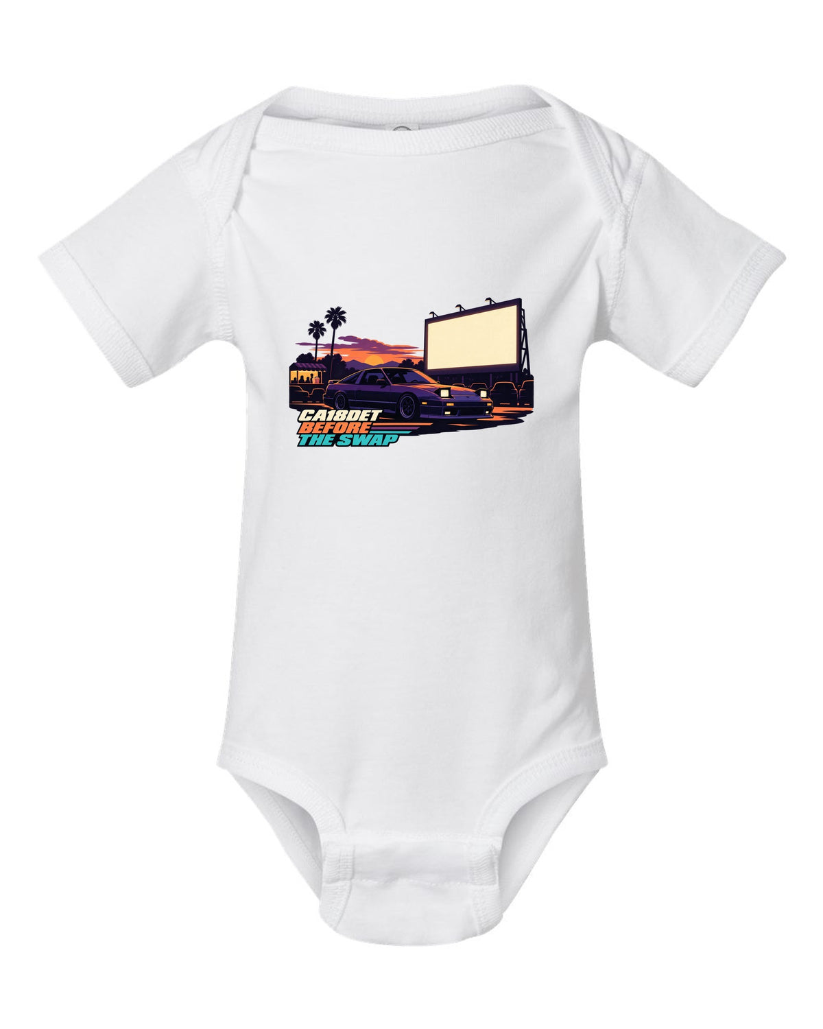 Flat vector drive-in print of a Nissan 180SX S13 with CA18DET before the swap lettering white baby onesie front view with the design