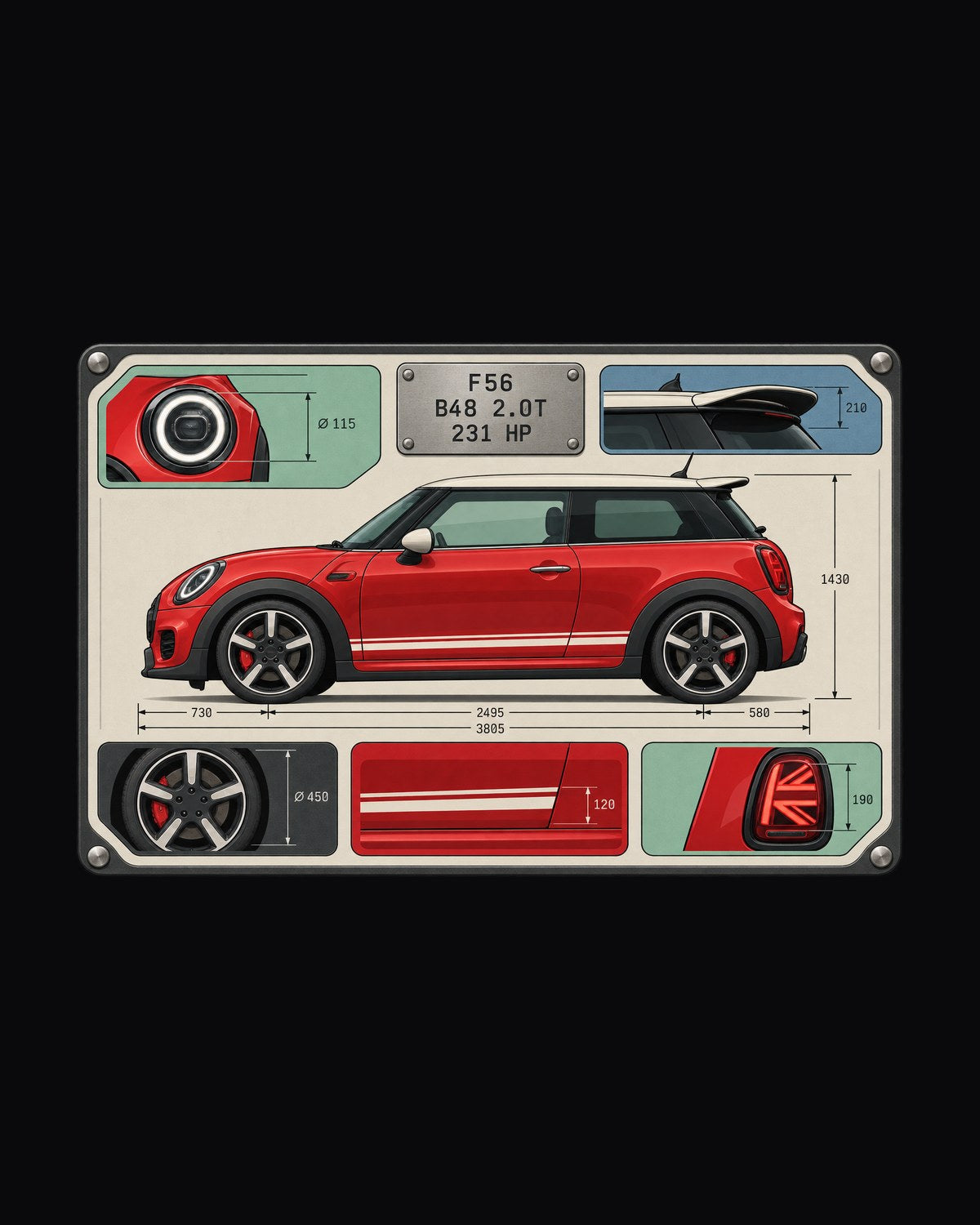 Mini Cooper S JCW F56 Data Plate Spec Sheet Shirt, 231 HP design only