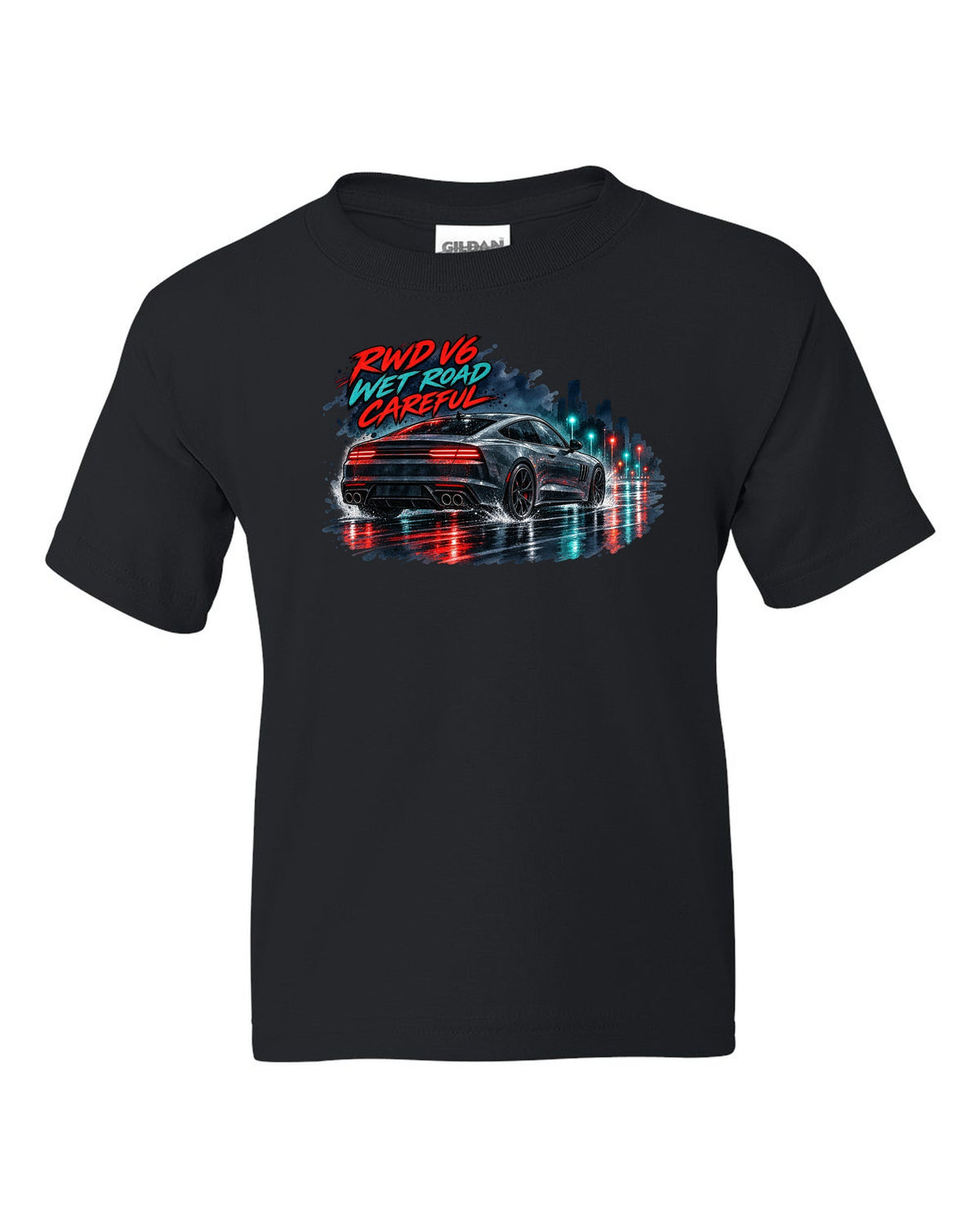 Watercolour wet-road night print of a Kia Stinger GT CK with RWD V6 wet road careful text black kids tee front view with the design