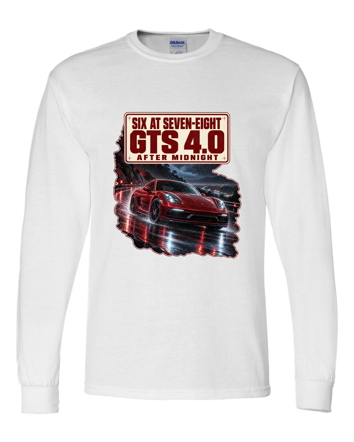Night street print of a Porsche 718 Cayman GTS 4.0 982 with six at seven-eight text white long sleeve front view with the design