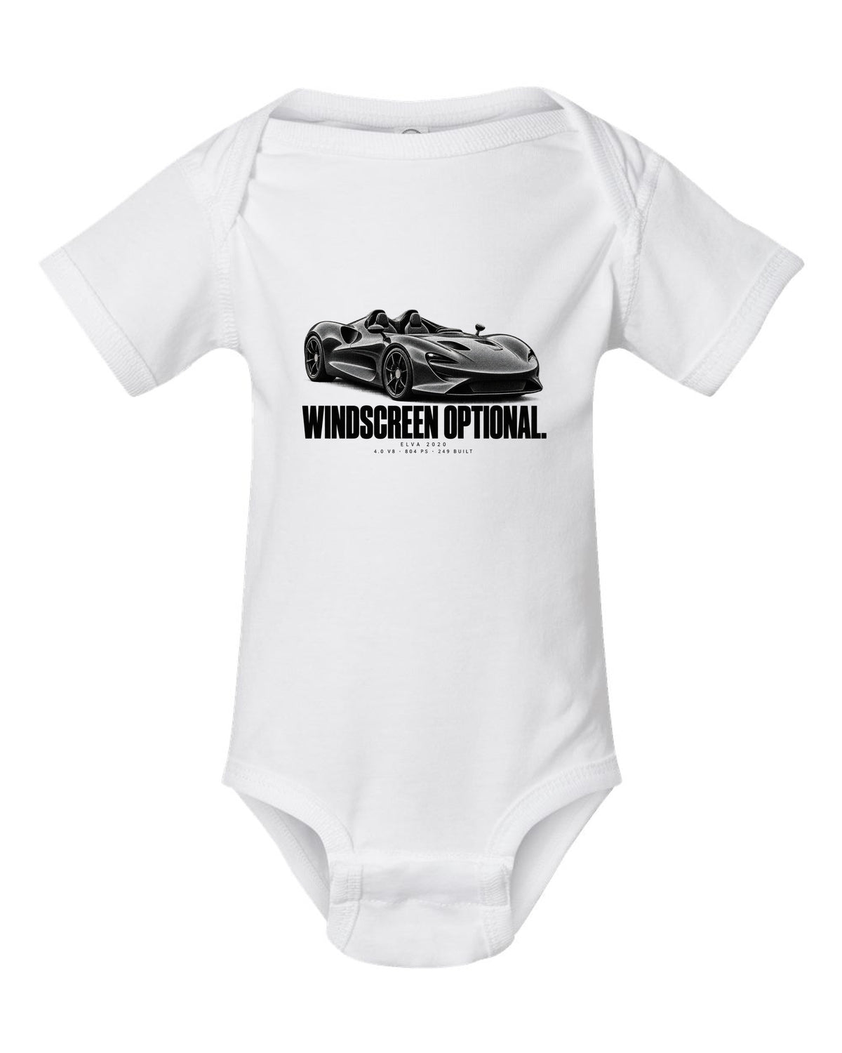 Halftone print of a 2020 McLaren Elva with windscreen optional text and 804 PS white baby onesie front view with the design