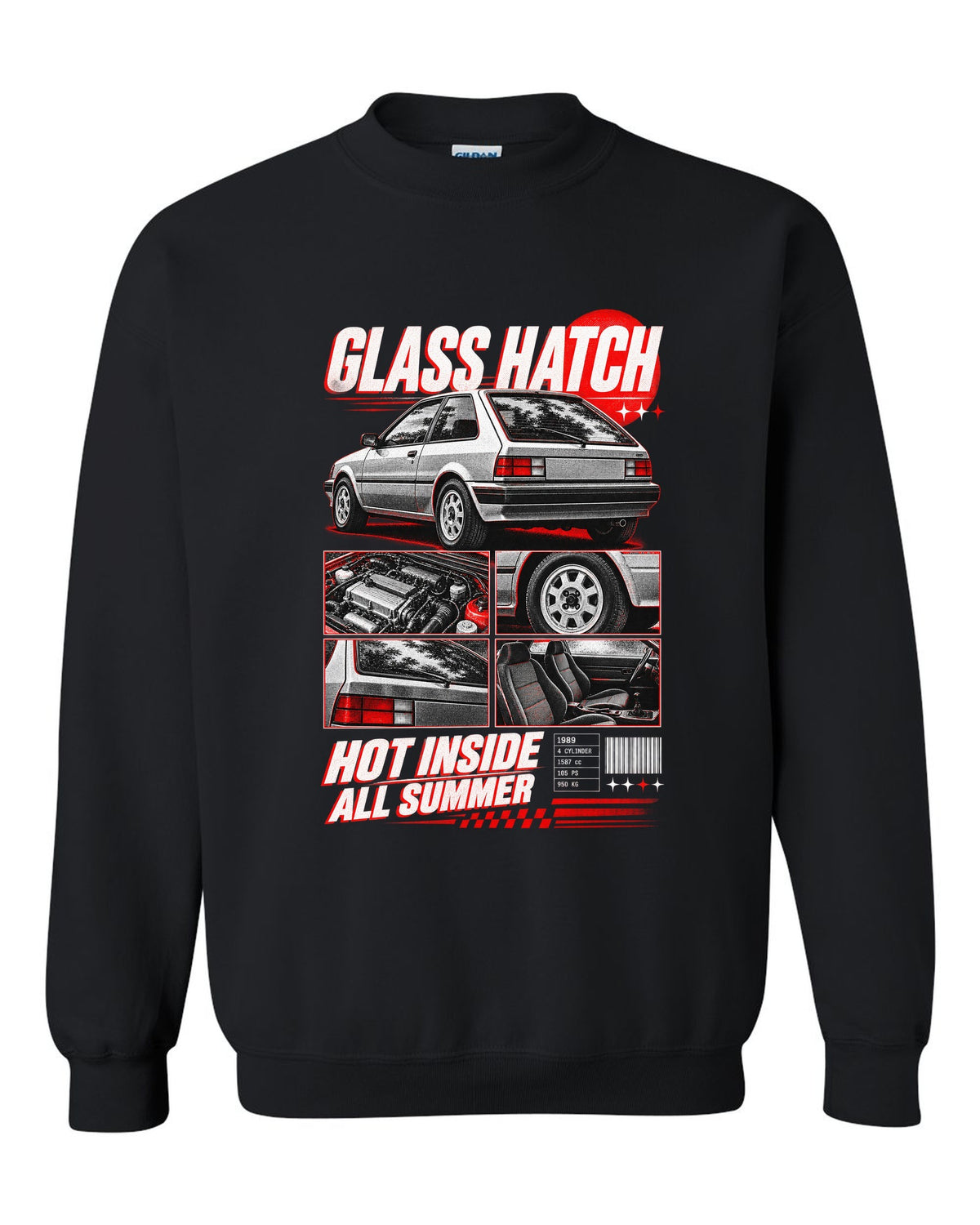 Dossier panel print for the 1989 Honda CRX EF8 Si about its glass ch being hot all summer black crewneck front view with the design