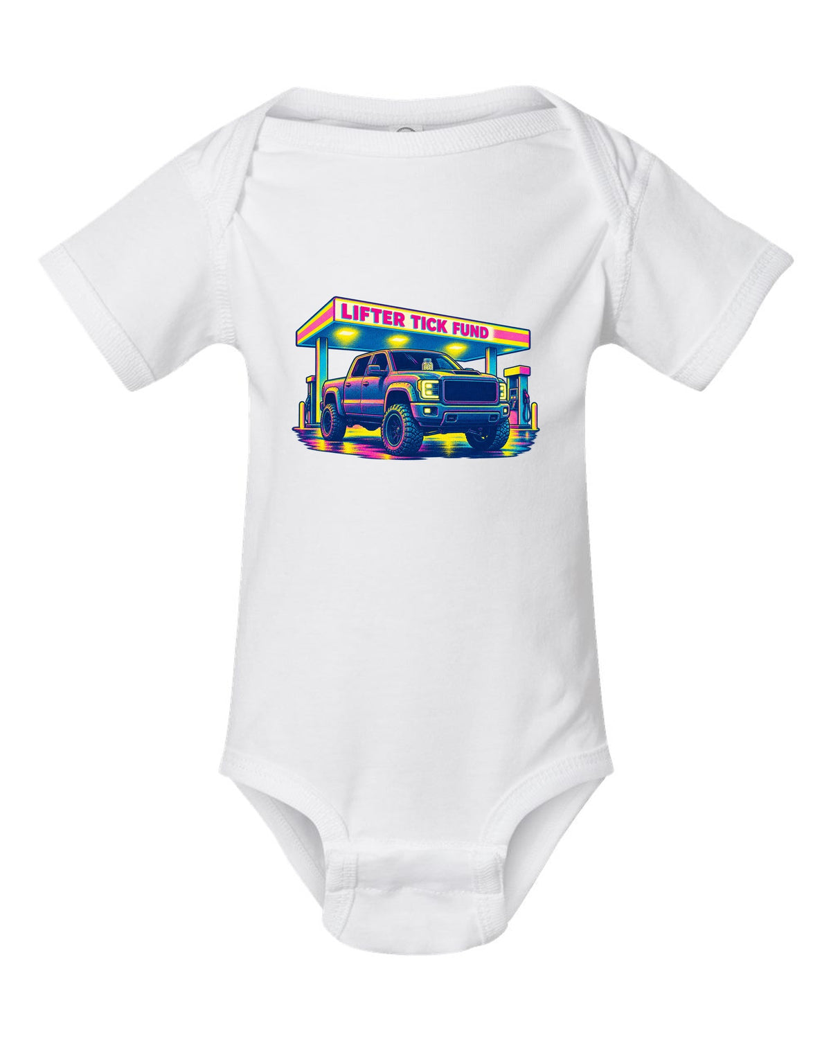 Risograph print of a 2007-2013 Chevrolet Silverado GMT900 with Lifter Tick Fund text white baby onesie front view with the design
