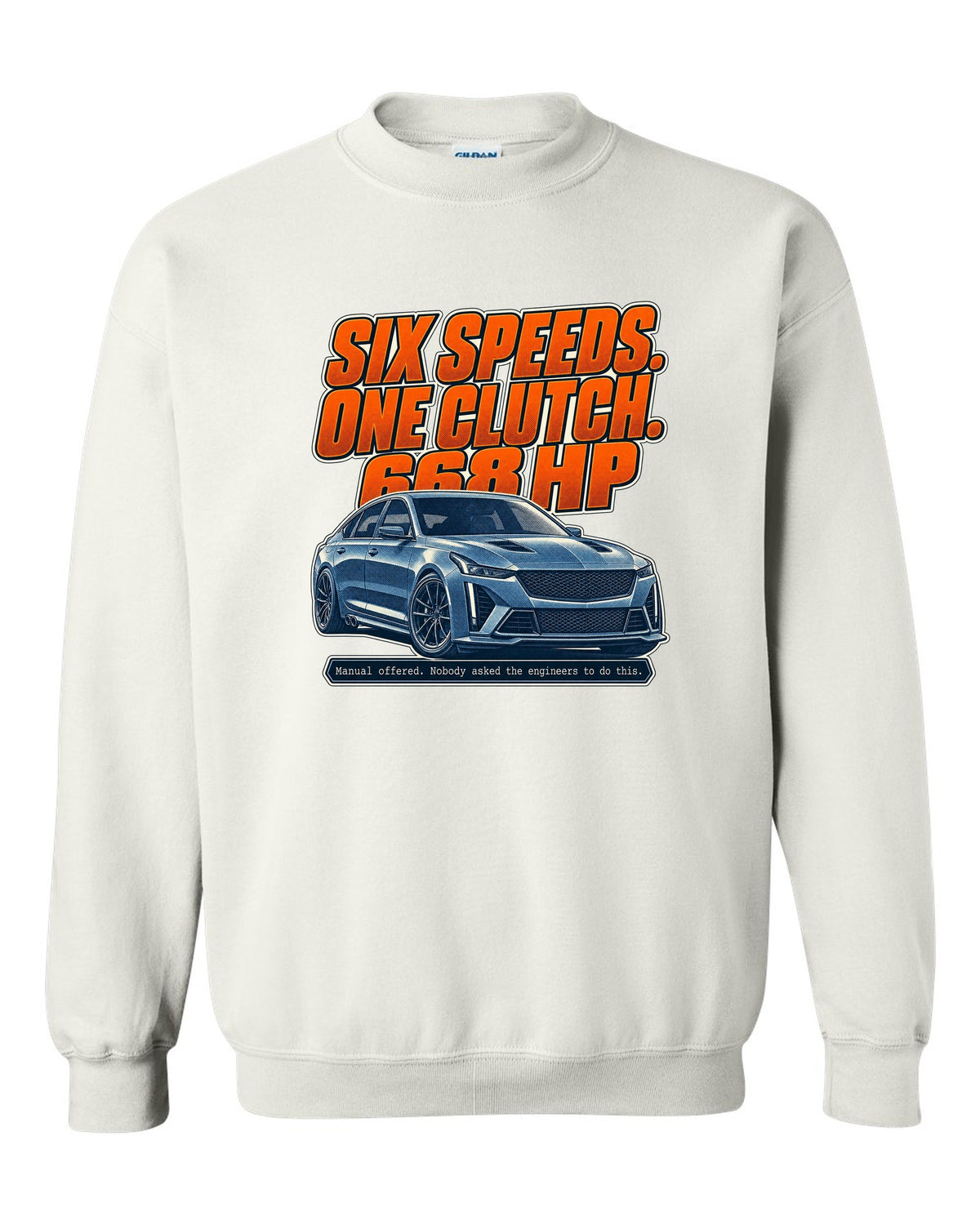 Halftone print of a Cadillac CT5-V Blackwing with six-speed manual text white crewneck front view with the design