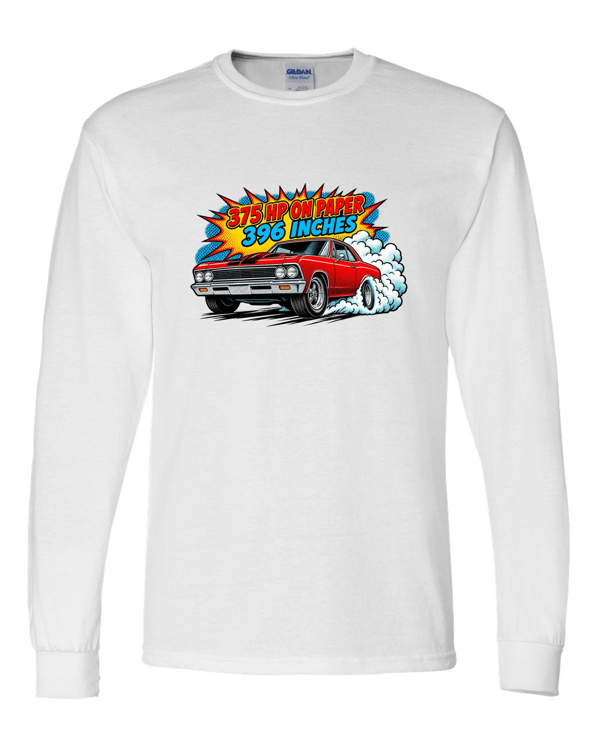 Comic halftone print of a 1966 Chevelle Malibu SS burnout with the text 375 HP on paper, 396 inches white long sleeve front view with the design