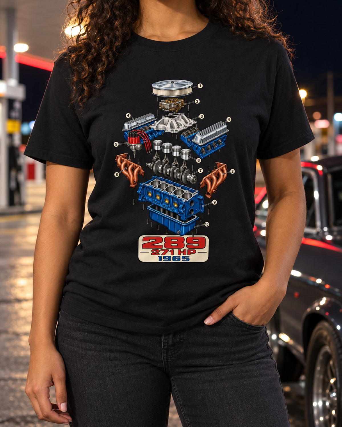 1965 Ford Mustang 289 V8 Exploded Anatomy Shirt, Engine Diagram T-Shirt Black worn hero