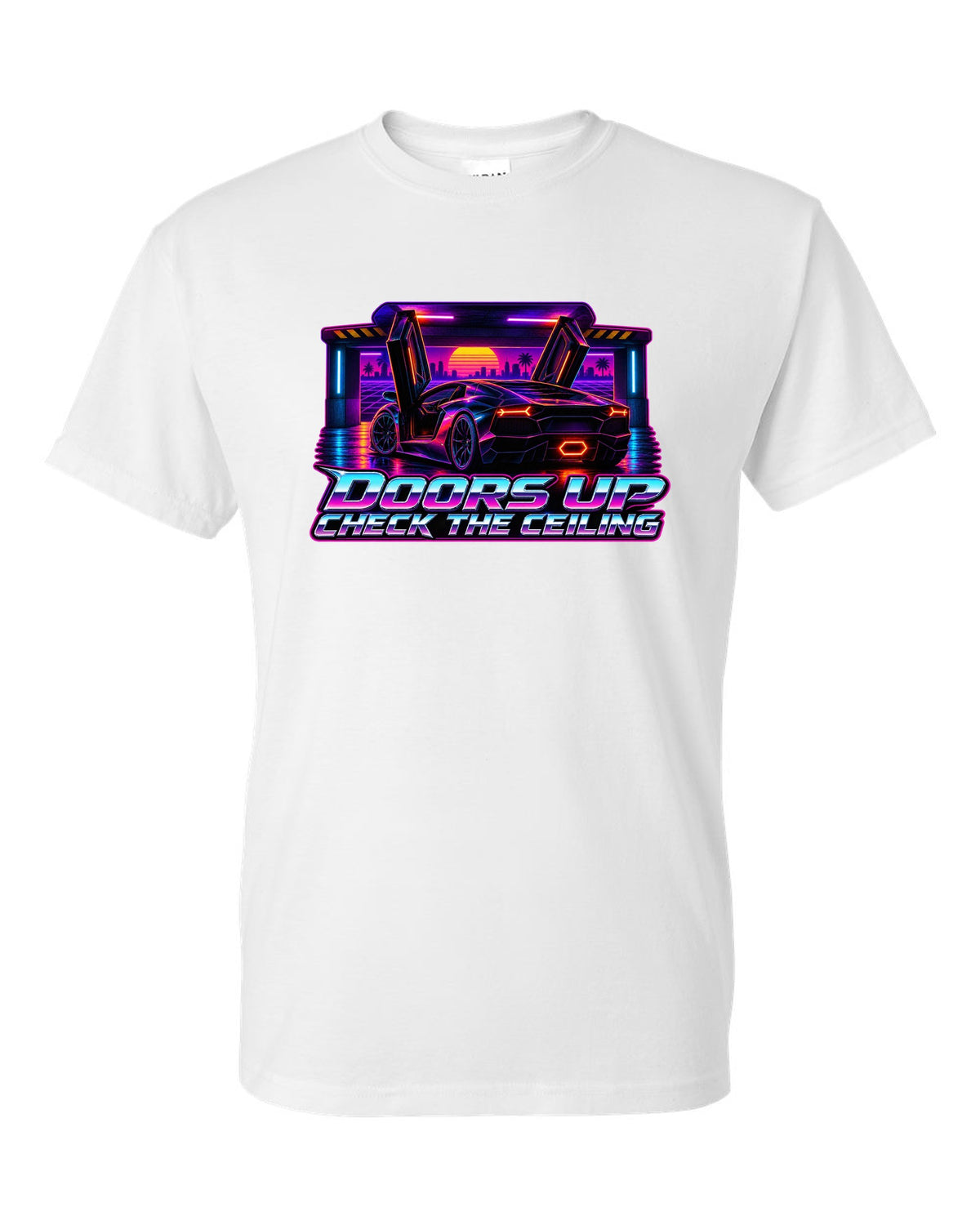Synthwave outrun design of a Lamborghini Aventador LP700-4 with doors up and check the ceiling text white t-shirt front view with the design