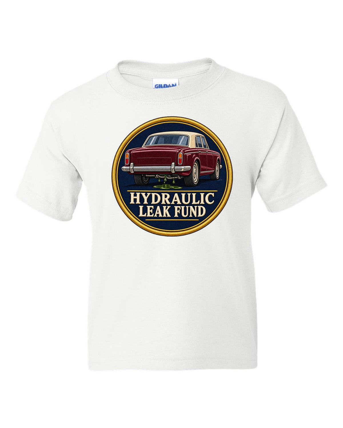 Art Deco line drawing print of a 1952 Bentley R-Type Continental with leak fund lettering white kids tee front view with the design