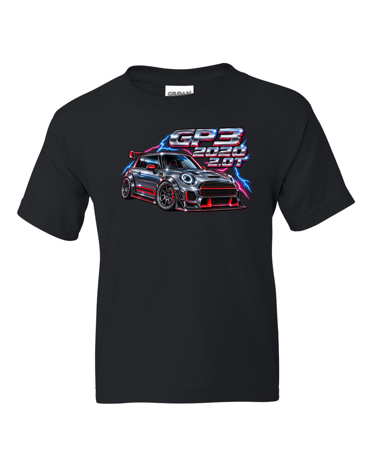 80s airbrush chrome artwork of the Mini JCW GP F56 GP3 black kids tee front view with the design