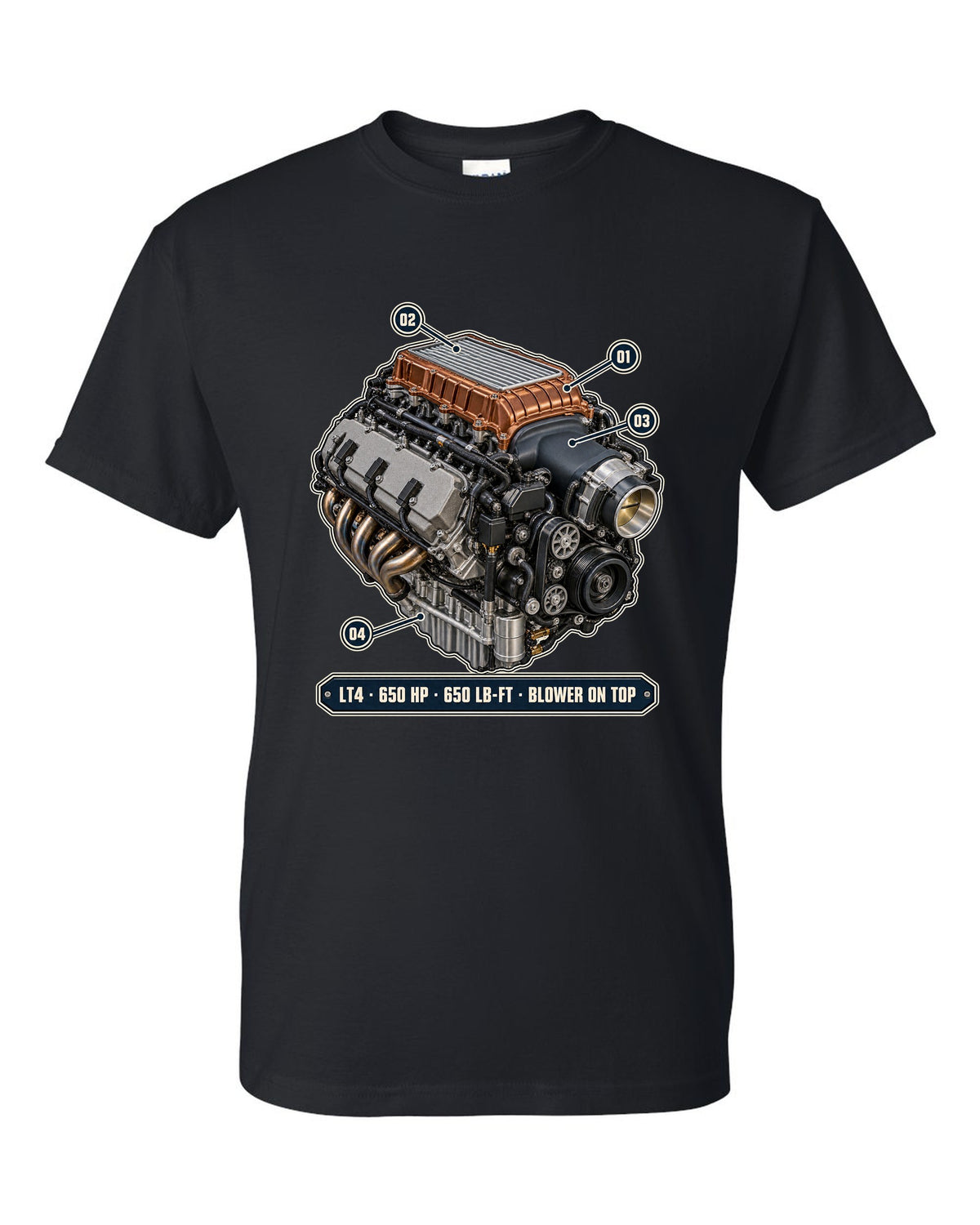 Camaro ZL1 LT4 supercharged engine bay poster print black t-shirt front view with the design