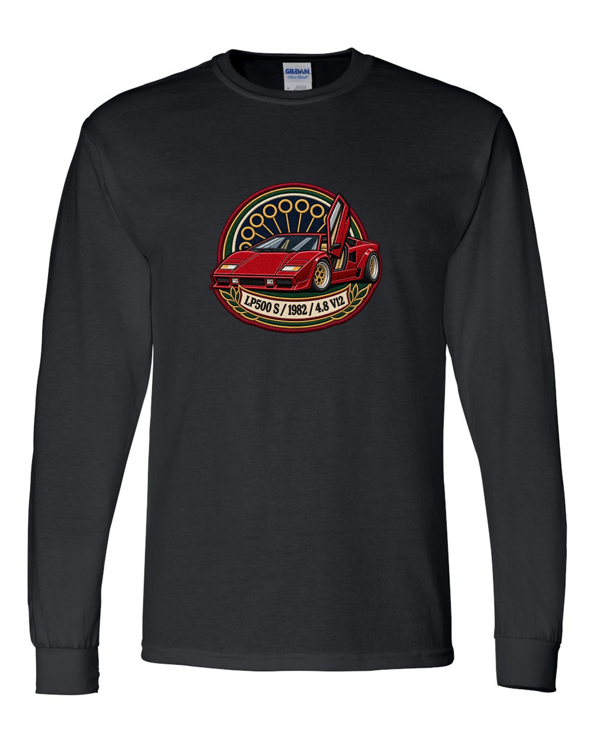 Varsity embroidery crest for a 1982 Lamborghini Countach LP500 S with 4.8 V12 lettering black long sleeve front view with the design