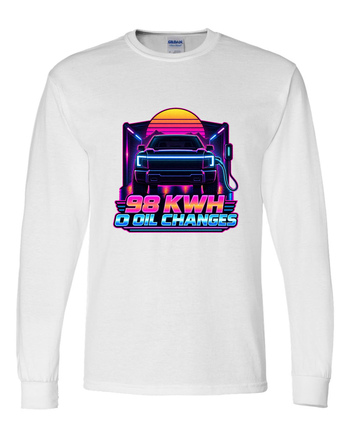 Ford F-150 Lightning EV with lightbar in a neon synthwave outline print white long sleeve front view with the design