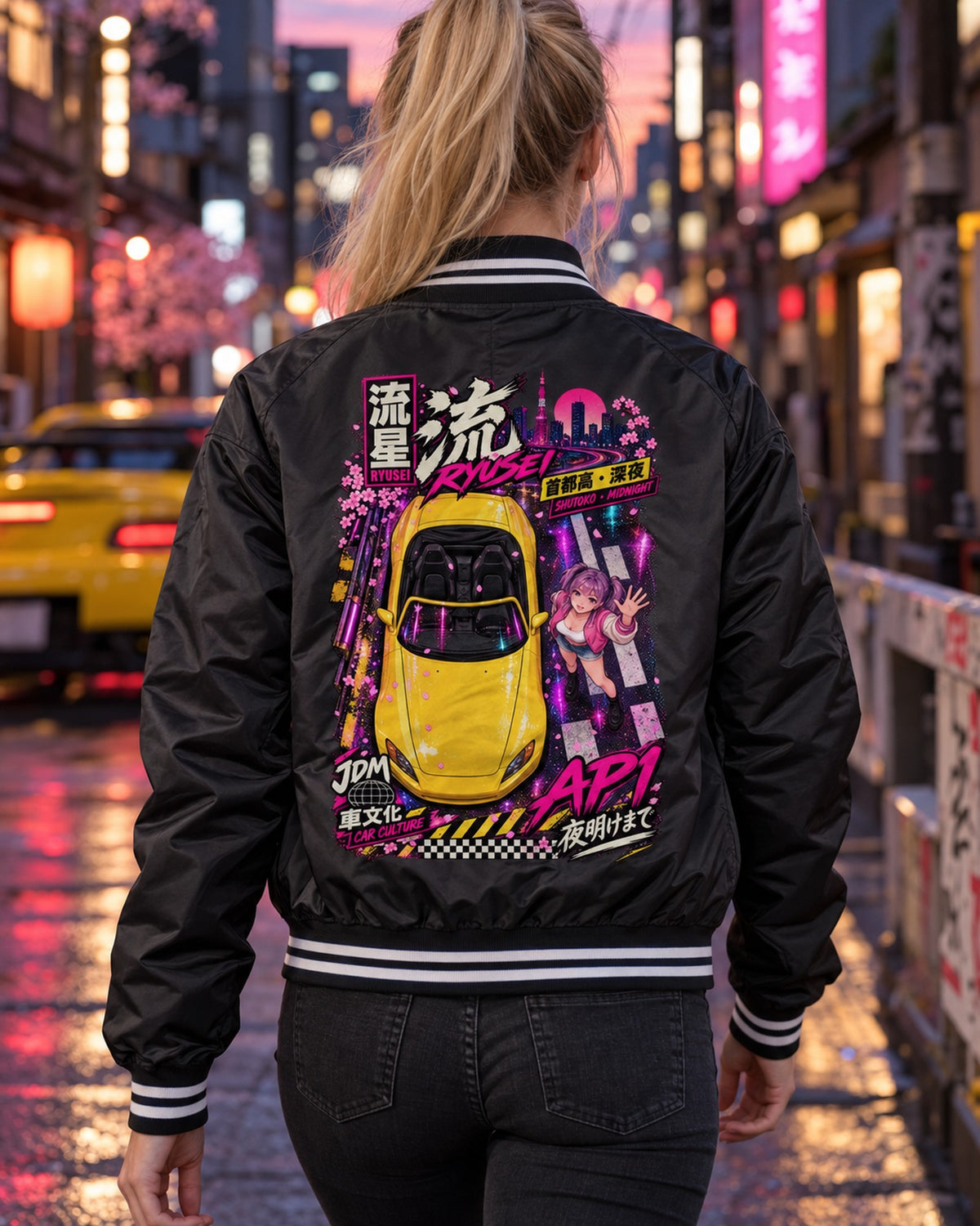 RYUSEI AP1 Anime Girl Full-Back Graphic Tee Bomber Jacket Black worn hero