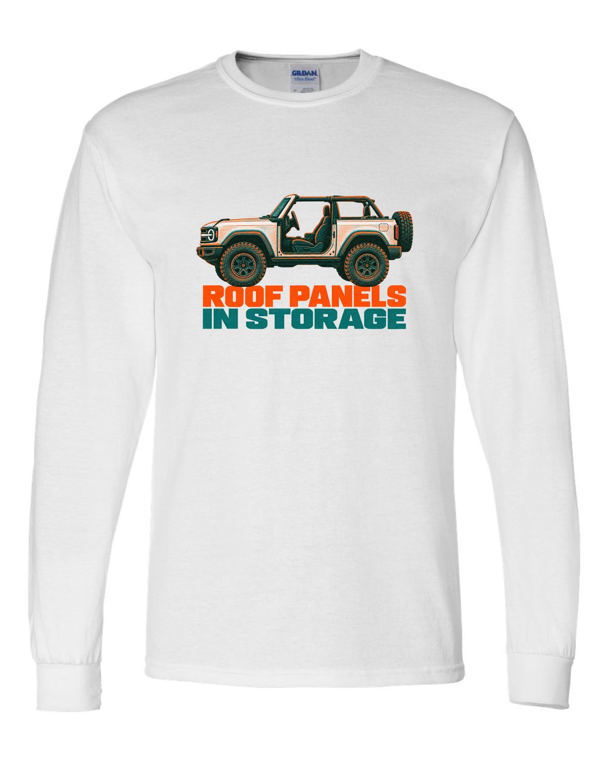 Risograph two-colour print of the Ford Bronco two-door U725 with roof panels in storage text white long sleeve front view with the design