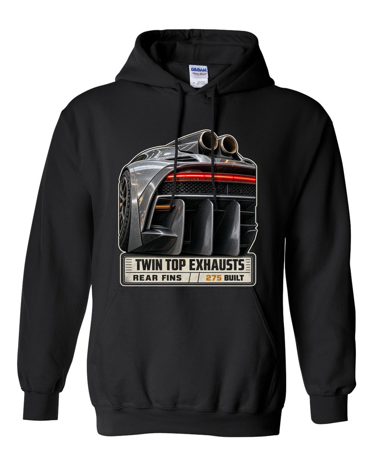 Mercedes-AMG One rear taillight and twin top exhaust macro black pull over hoodie front view with the design