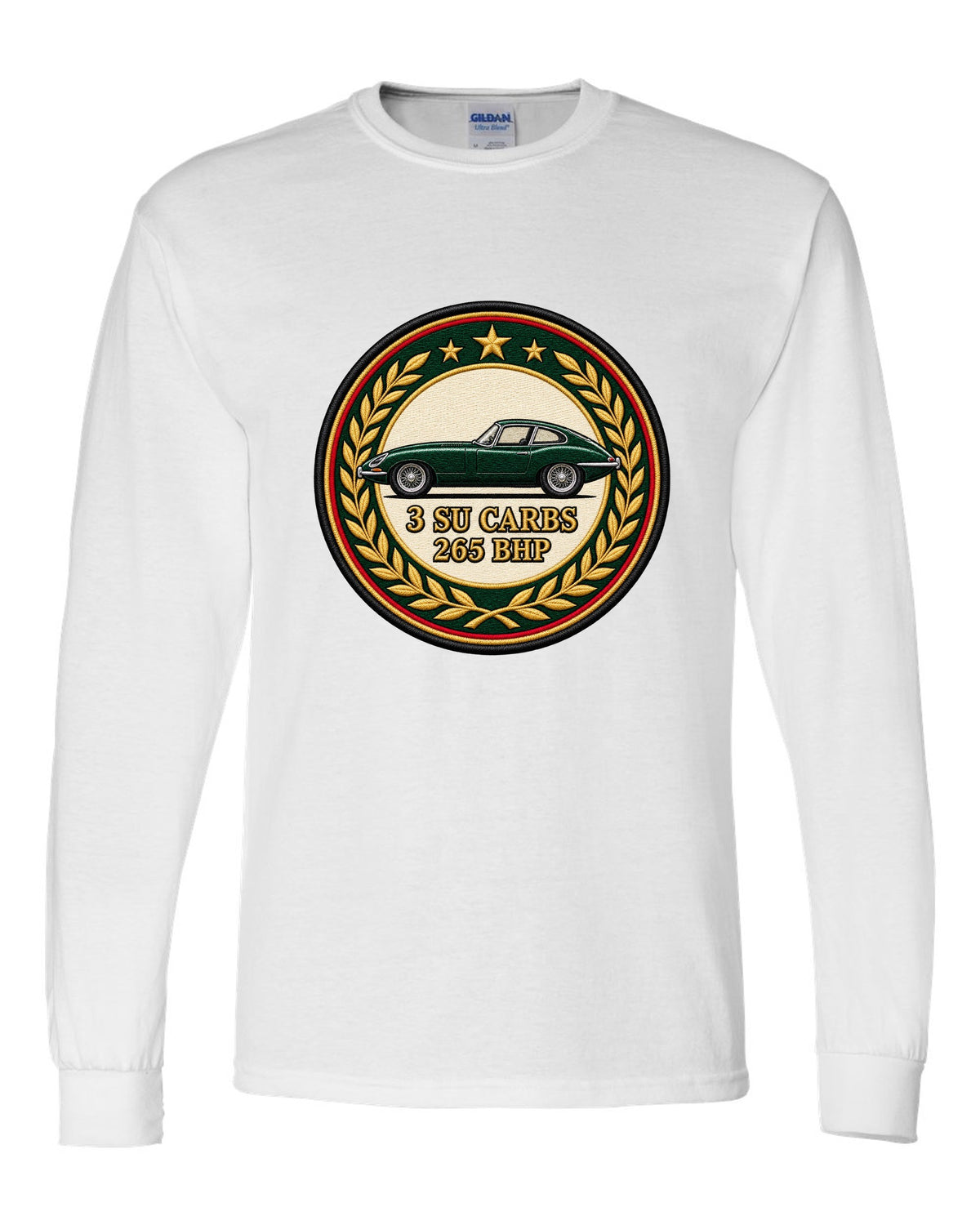 Varsity embroidery-style long bonnet print for the 1961 Jaguar E-Type Series 1 with 3 SU carbs and 265 bhp lettering white long sleeve front view with the design