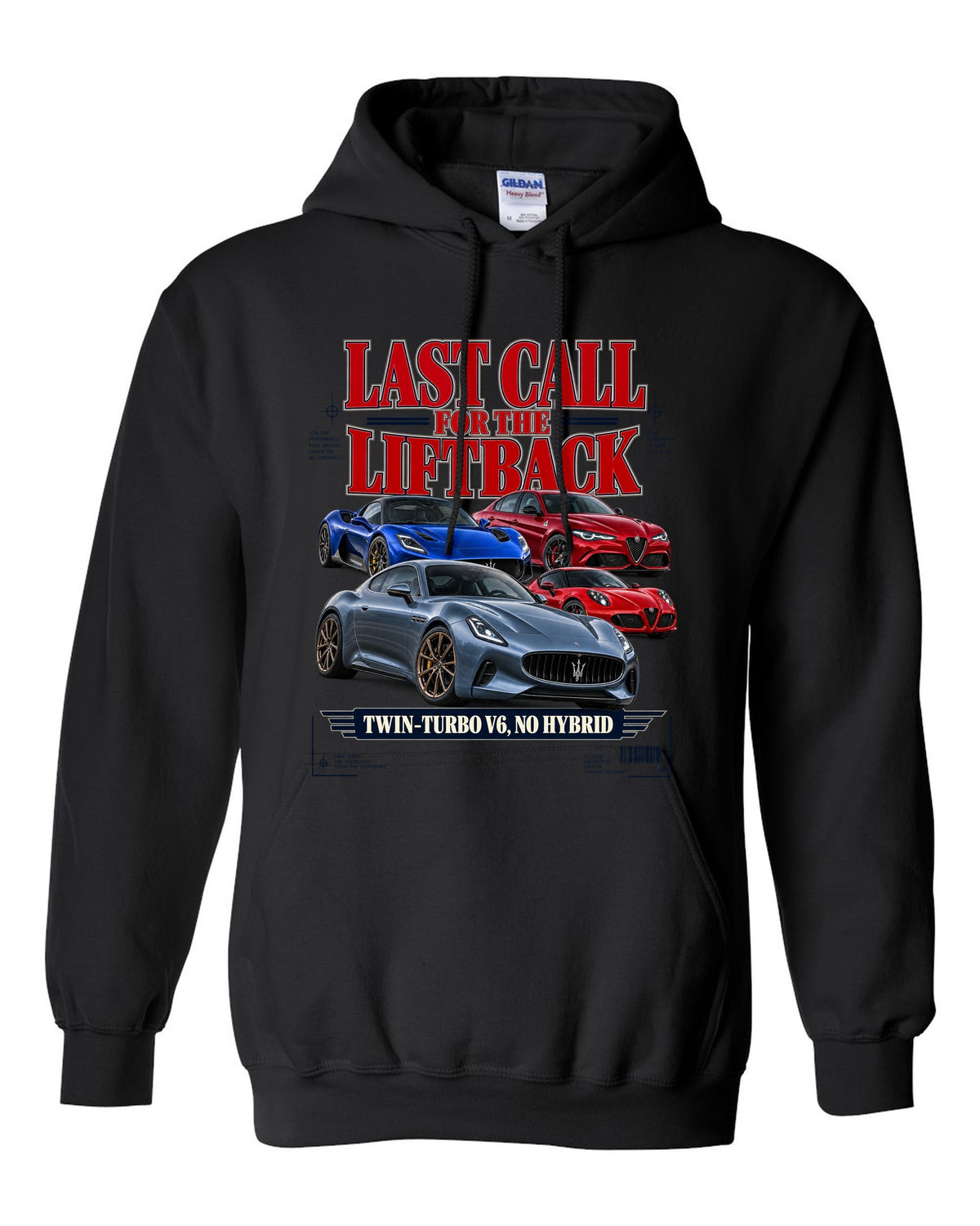 Kia Stinger GT final year editorial headline print black pull over hoodie front view with the design