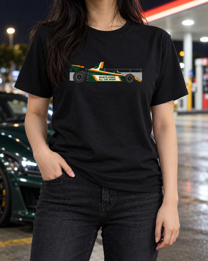 Lotus 79 Ground Effect Shirt, Flat Vector F1 print T-Shirt Black worn hero