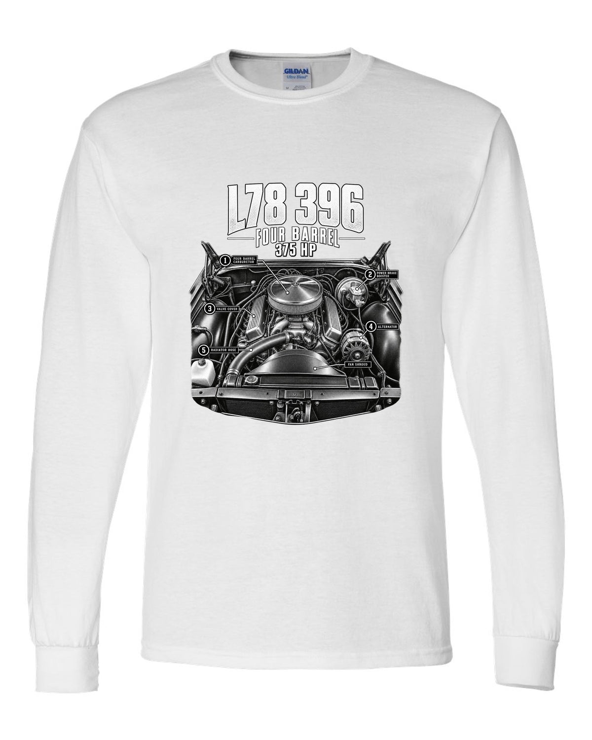 Engine hero print of an L78 396 big block in a 1969 Chevrolet Chevelle SS with 375 hp text white long sleeve front view with the design