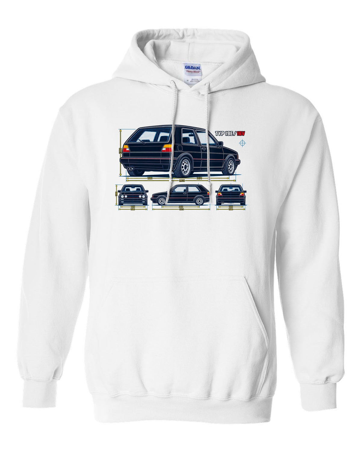 Blueprint line art print of a VW Golf Mk2 GTI 16V with Typ 19E text white pull over hoodie front view with the design