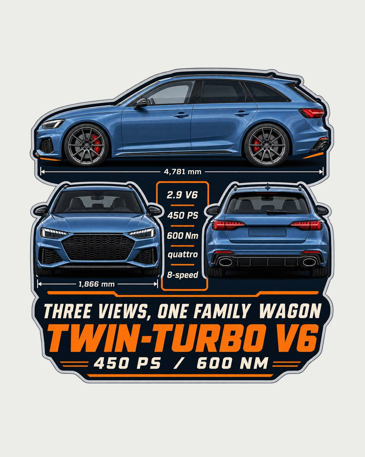 Audi RS4 Avant B9 Three-View Tee, Twin-Turbo V6 Family Wagon design only
