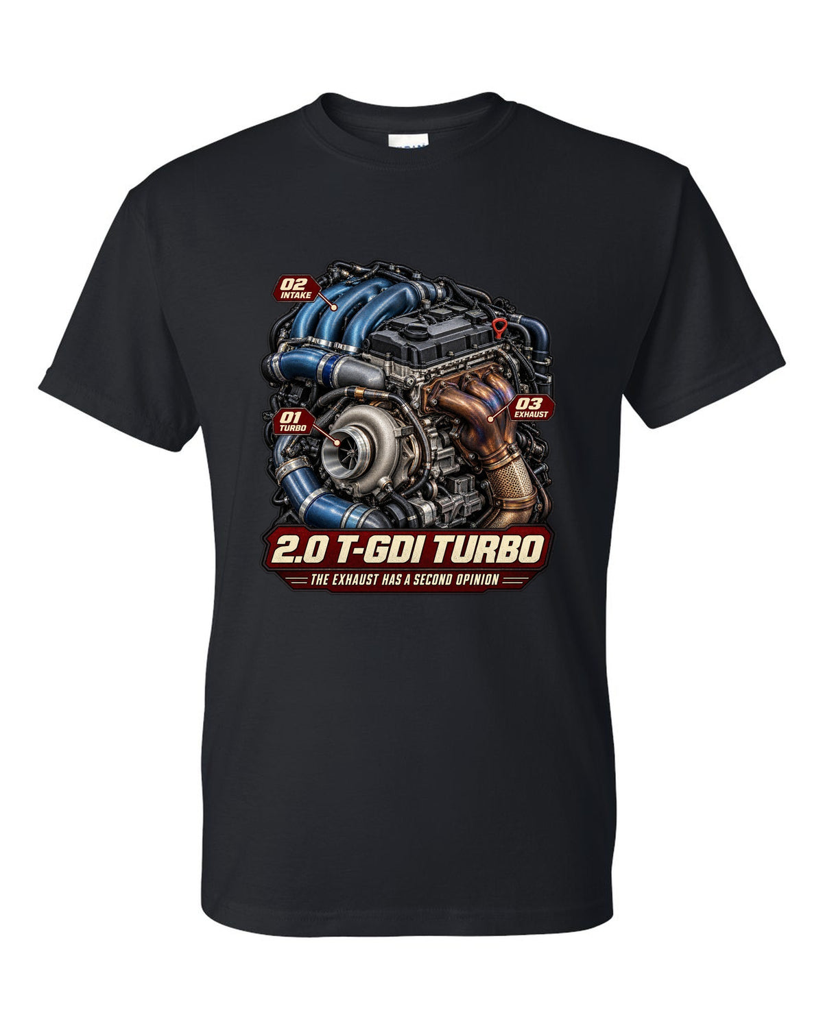 Hyundai Elantra N 2.0 T-GDI turbo engine illustration, print black t-shirt front view with the design