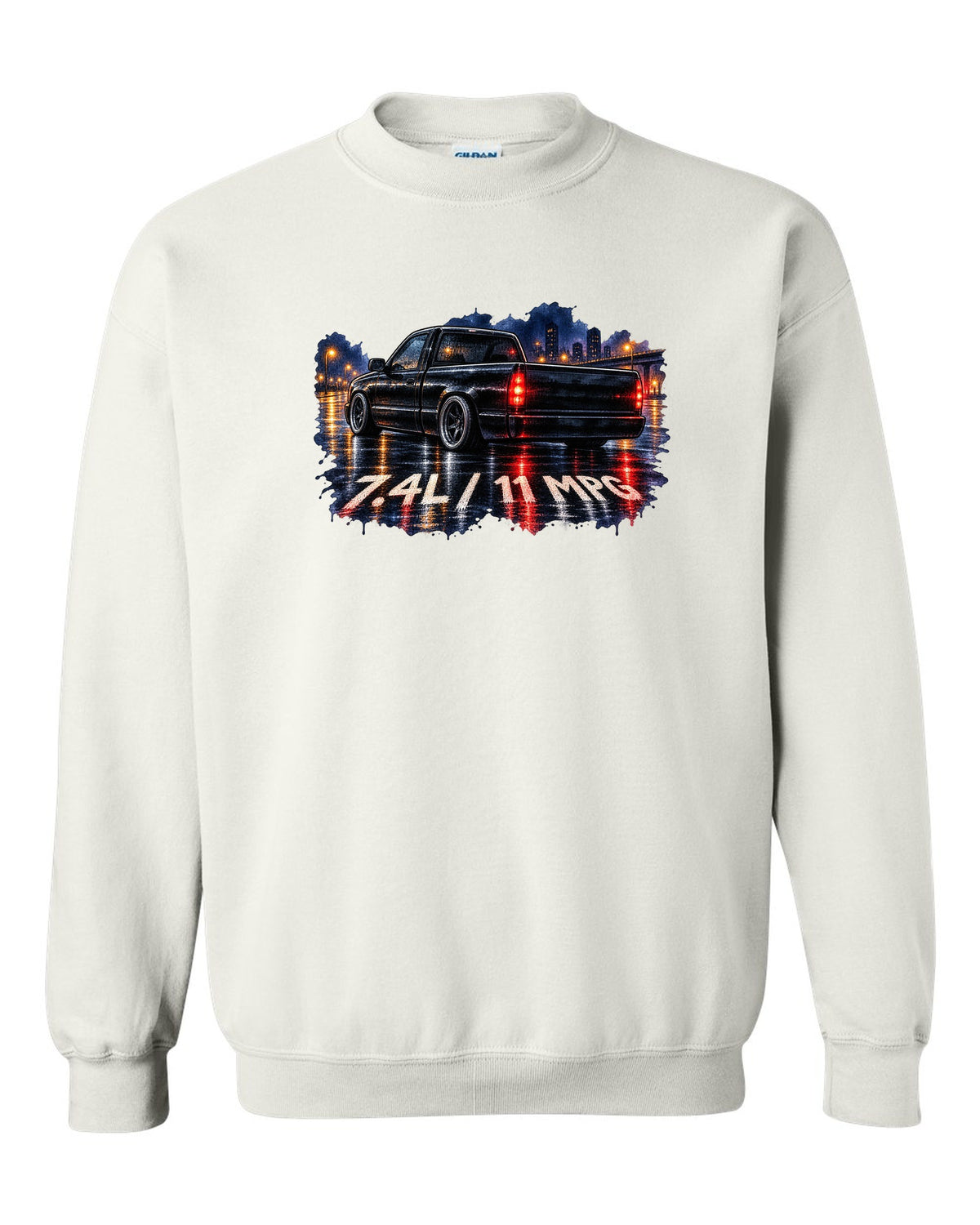 80s airbrush chrome print of a 1990-93 Chevrolet 454 SS pickup with 7.4L and 11 MPG text white crewneck front view with the design