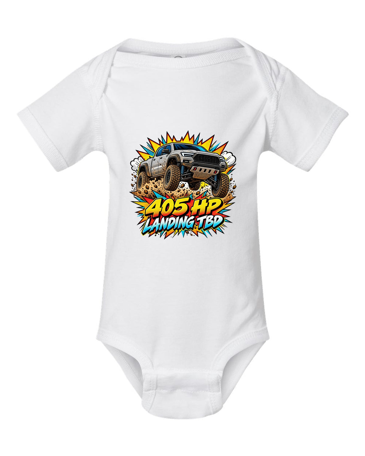 Ford Ranger Raptor P703 mid-jump in a comic pop-art burst print white baby onesie front view with the design