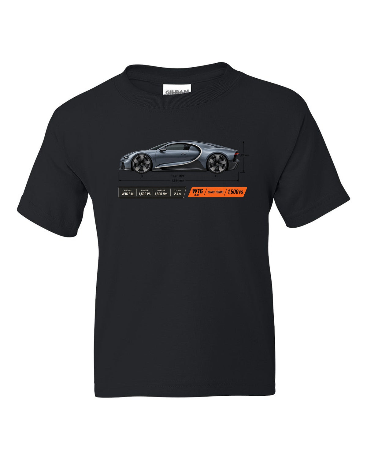 Bugatti Chiron W16 Dimension Blueprint black kids tee front view with the design