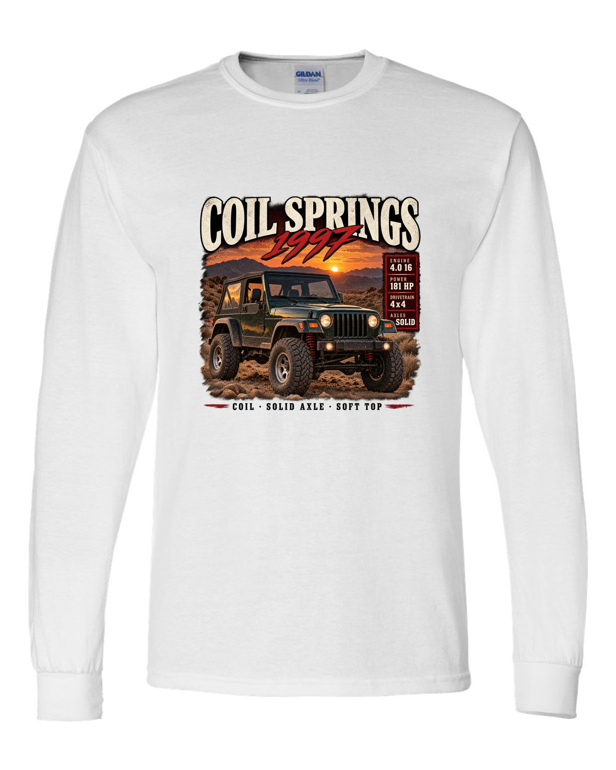 Archive panel print for the Jeep Wrangler TJ, Coil Springs 1997 Finally white long sleeve front view with the design