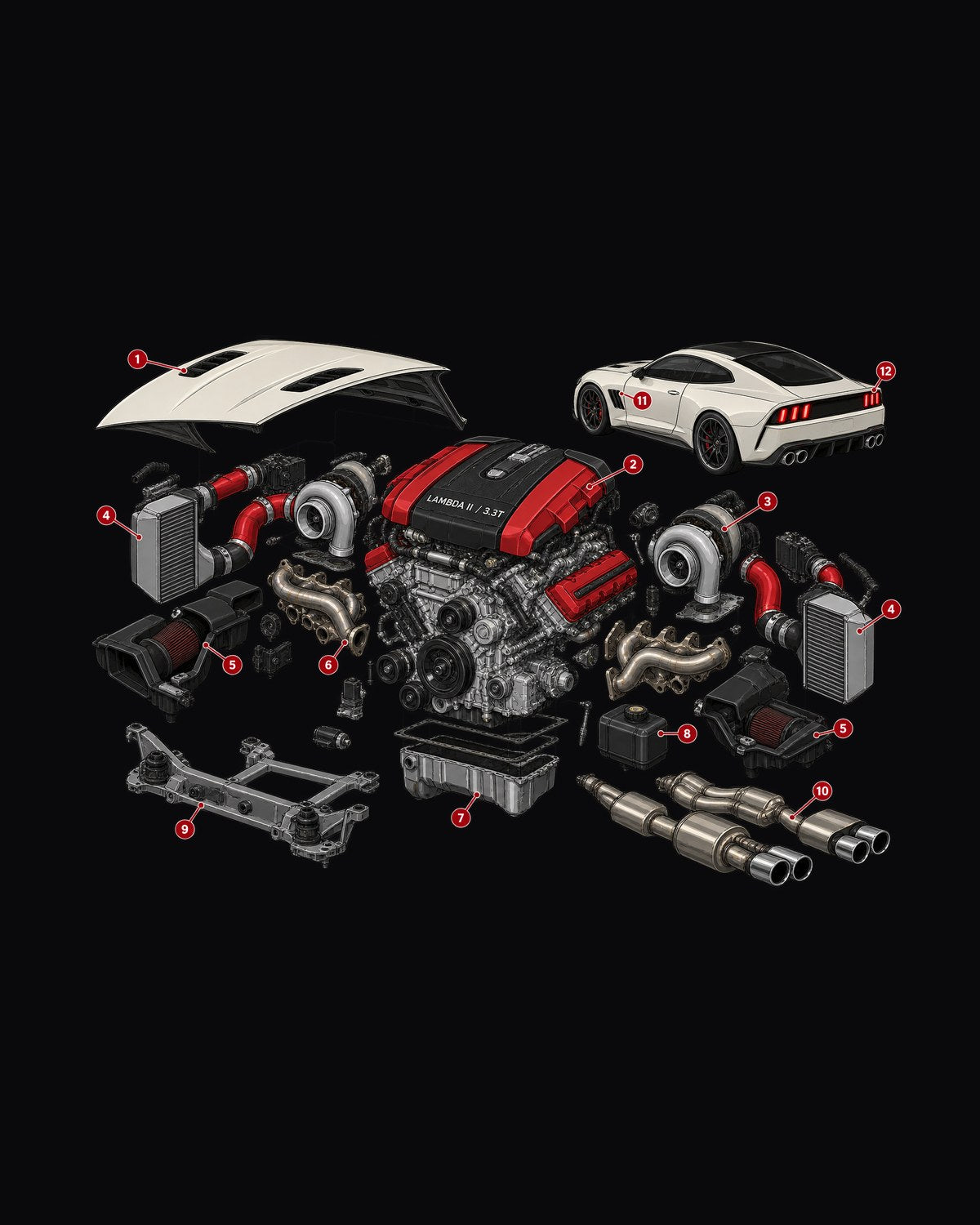 Kia Stinger GT CK Lambda II Twin-Turbo Exploded View Shirt design only