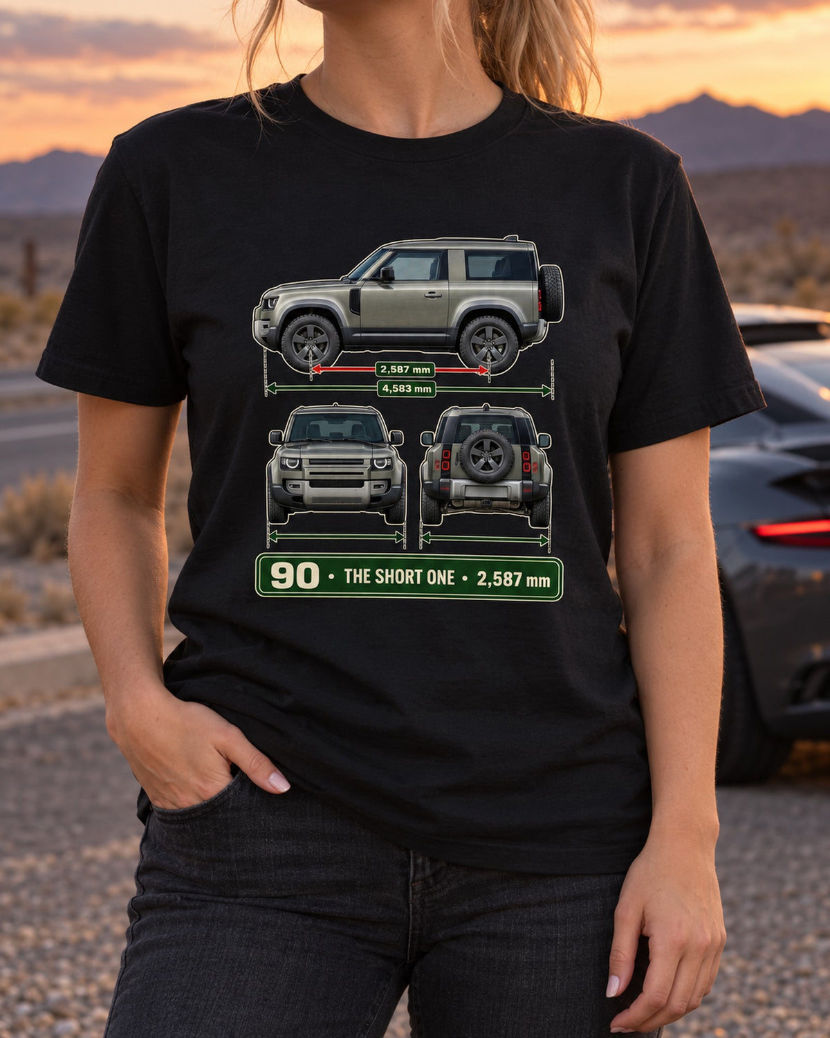 Land Rover Defender 90 L663 Three-View Shirt, The Short One Tee T-Shirt Black worn hero