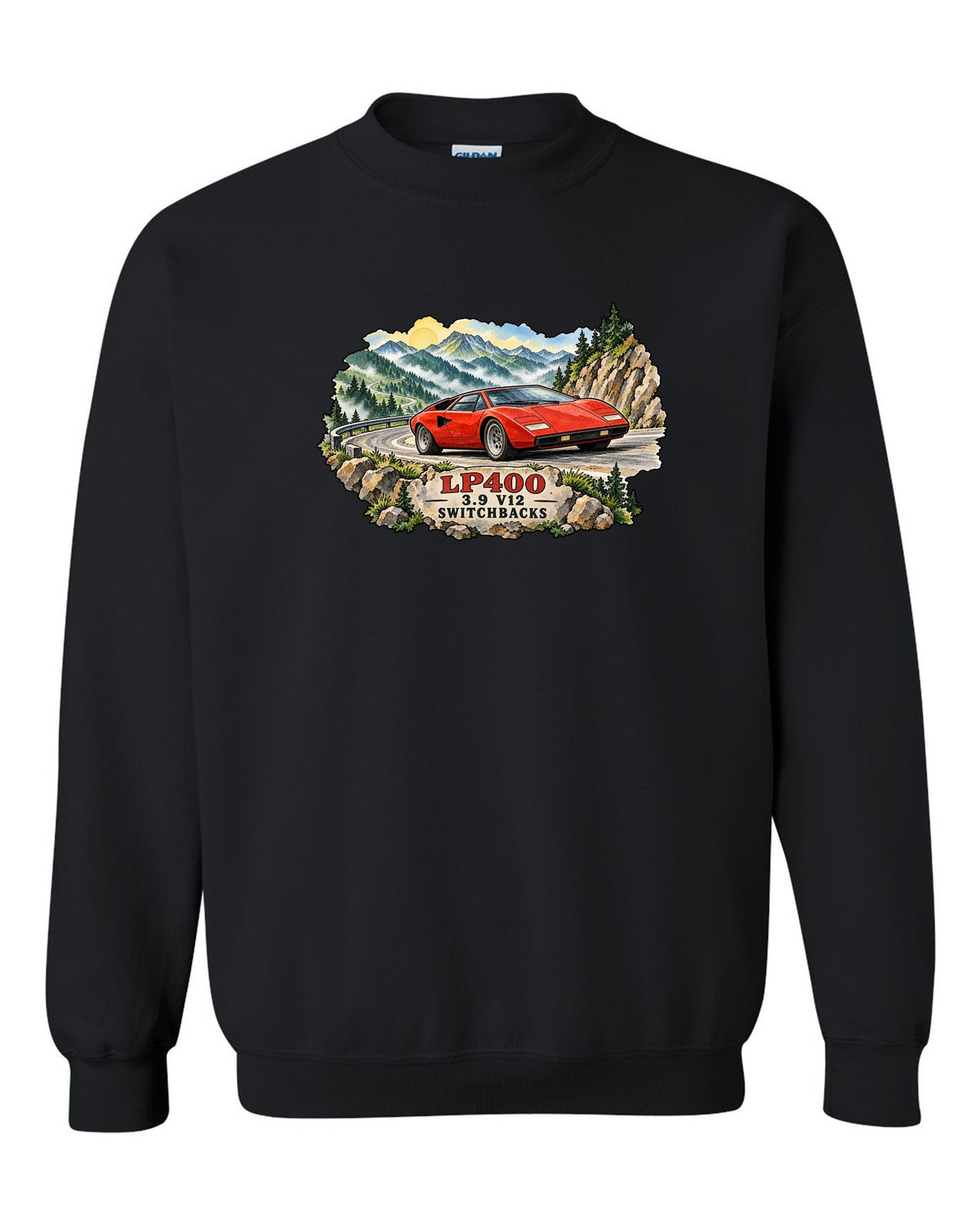 Watercolour ink wash design of a Lamborghini Countach LP400 on mountain switchbacks black crewneck front view with the design