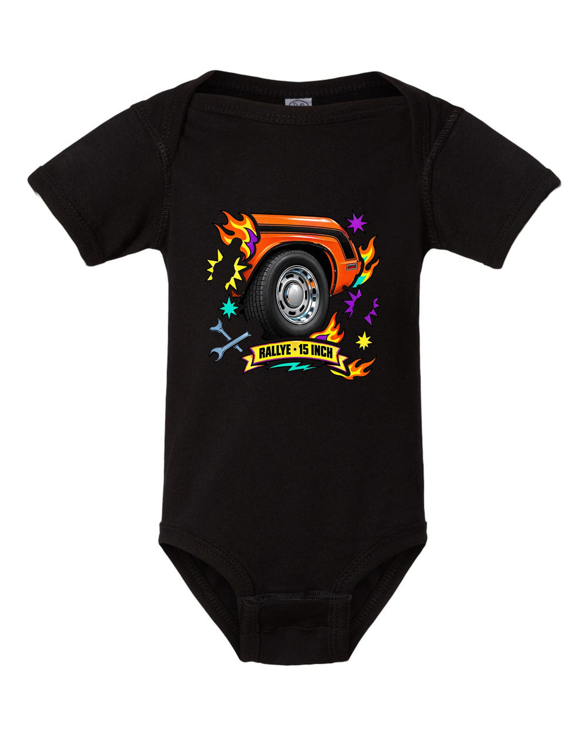 Sticker-bomb collage print of a 1970 Dodge Challenger R/T with Rallye wheel text black baby onesie front view with the design