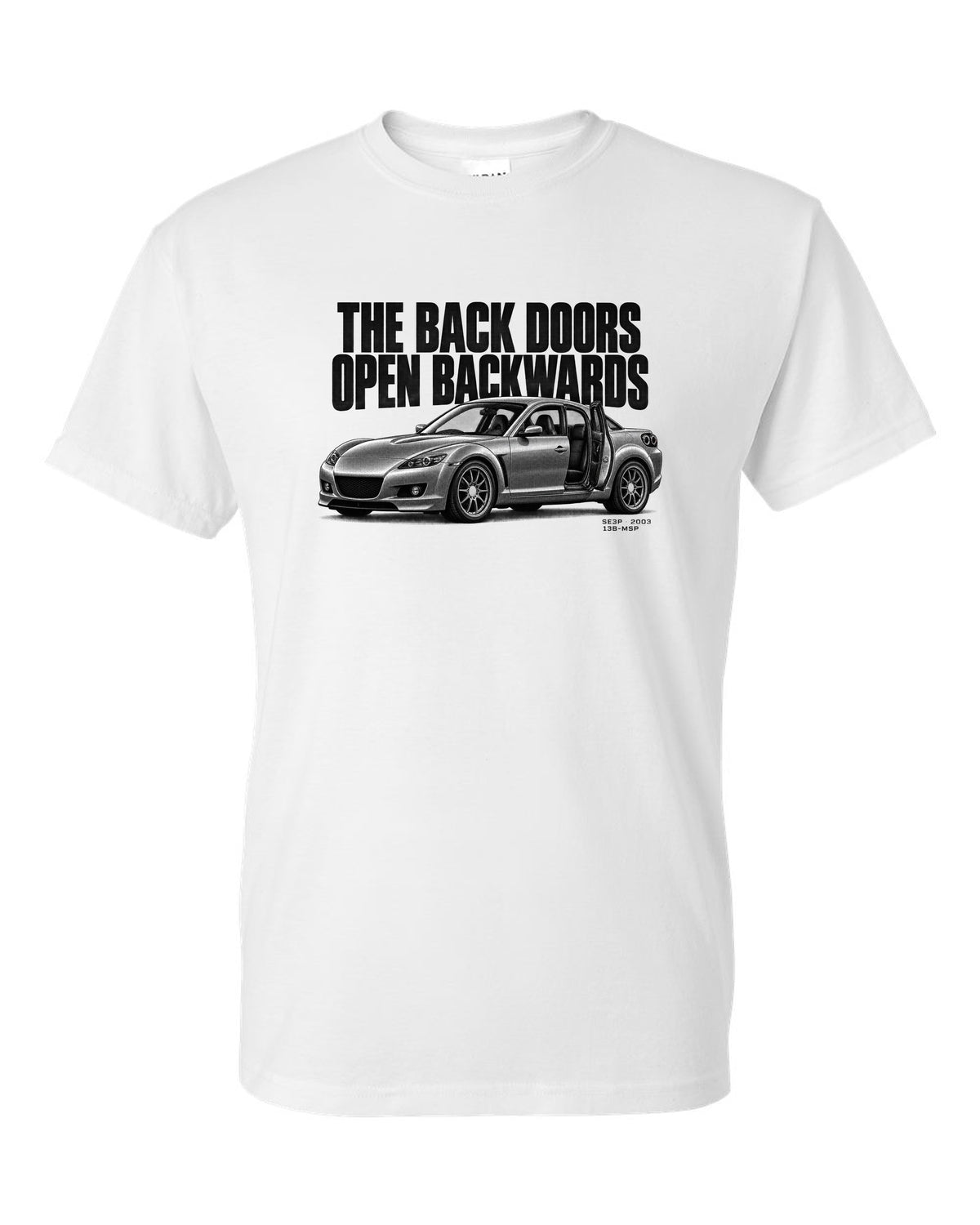 Halftone print of a Mazda RX-8 SE3P with back doors lettering white t-shirt front view with the design