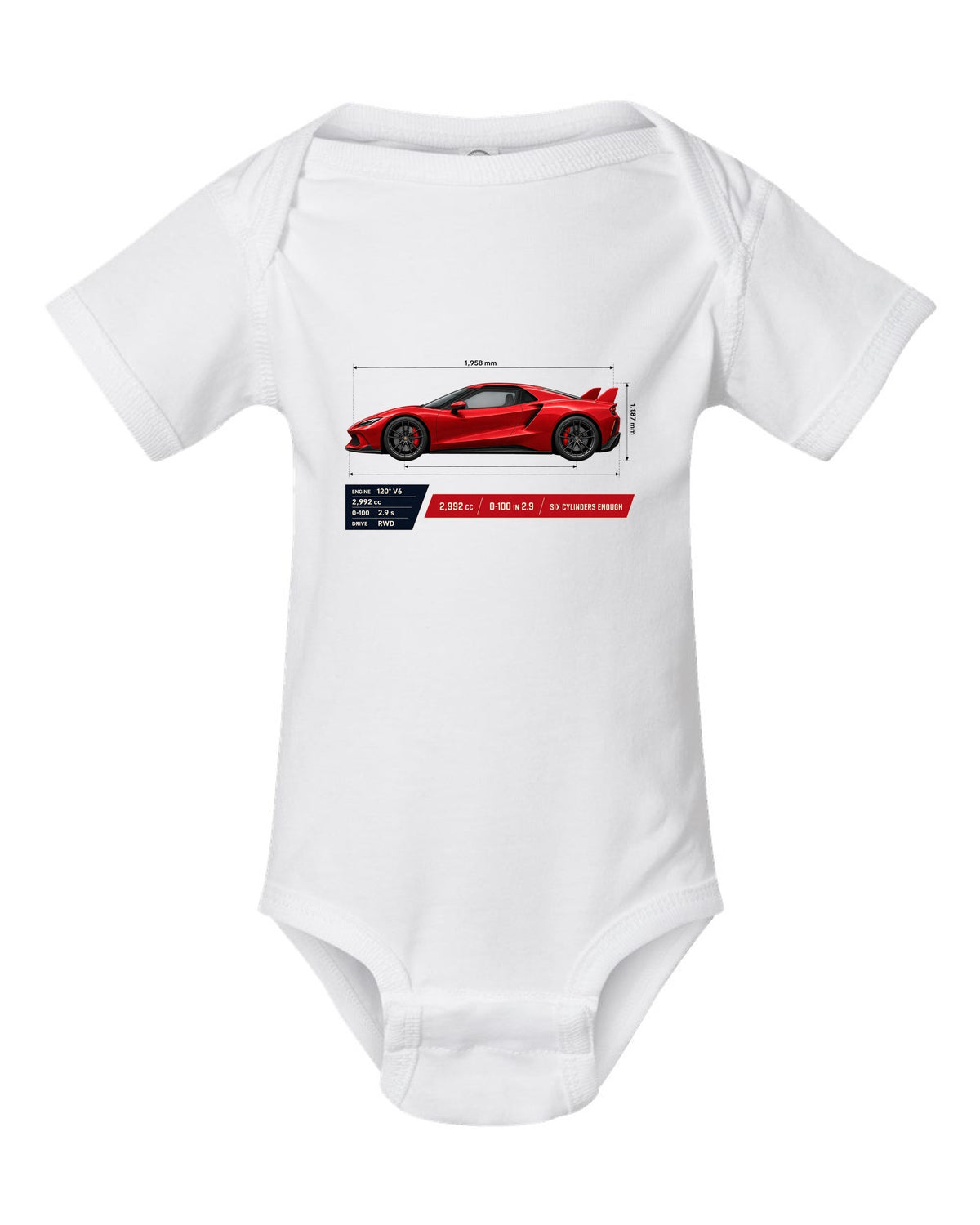 Ferrari 296 GTB spec poster print with 2,992 cc and 0-100 in 2.9 white baby onesie front view with the design