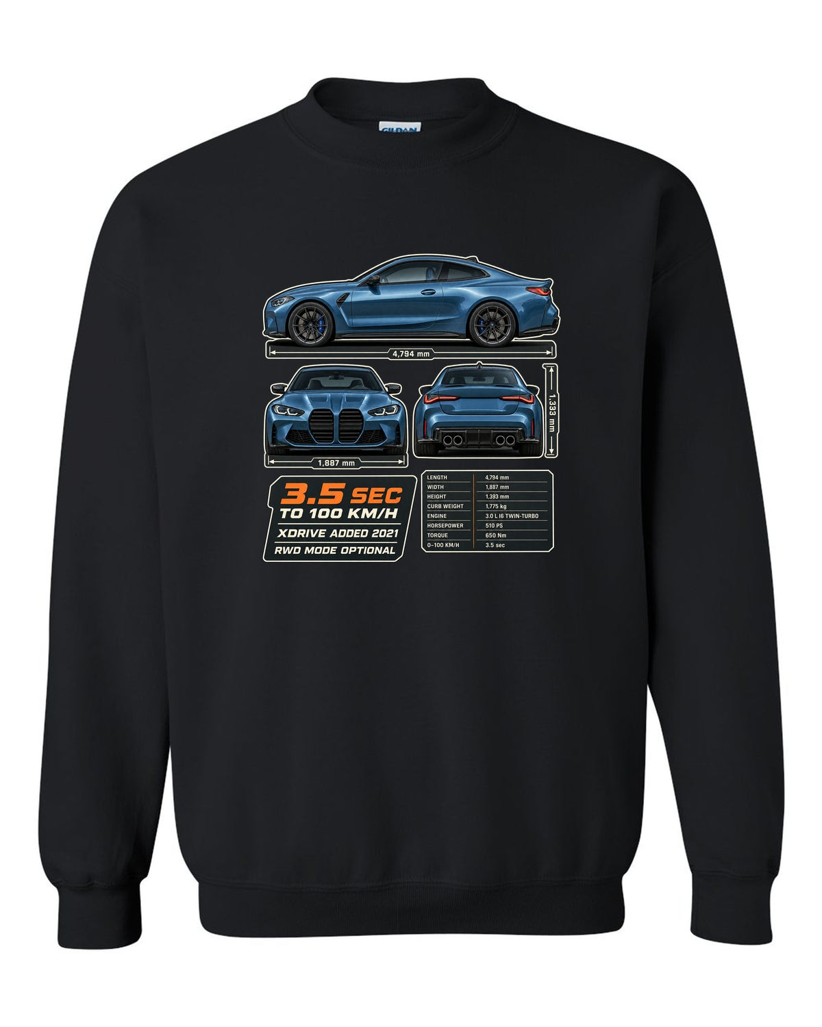 BMW M4 Competition xDrive G82 three-view drawing with spec table print black crewneck front view with the design