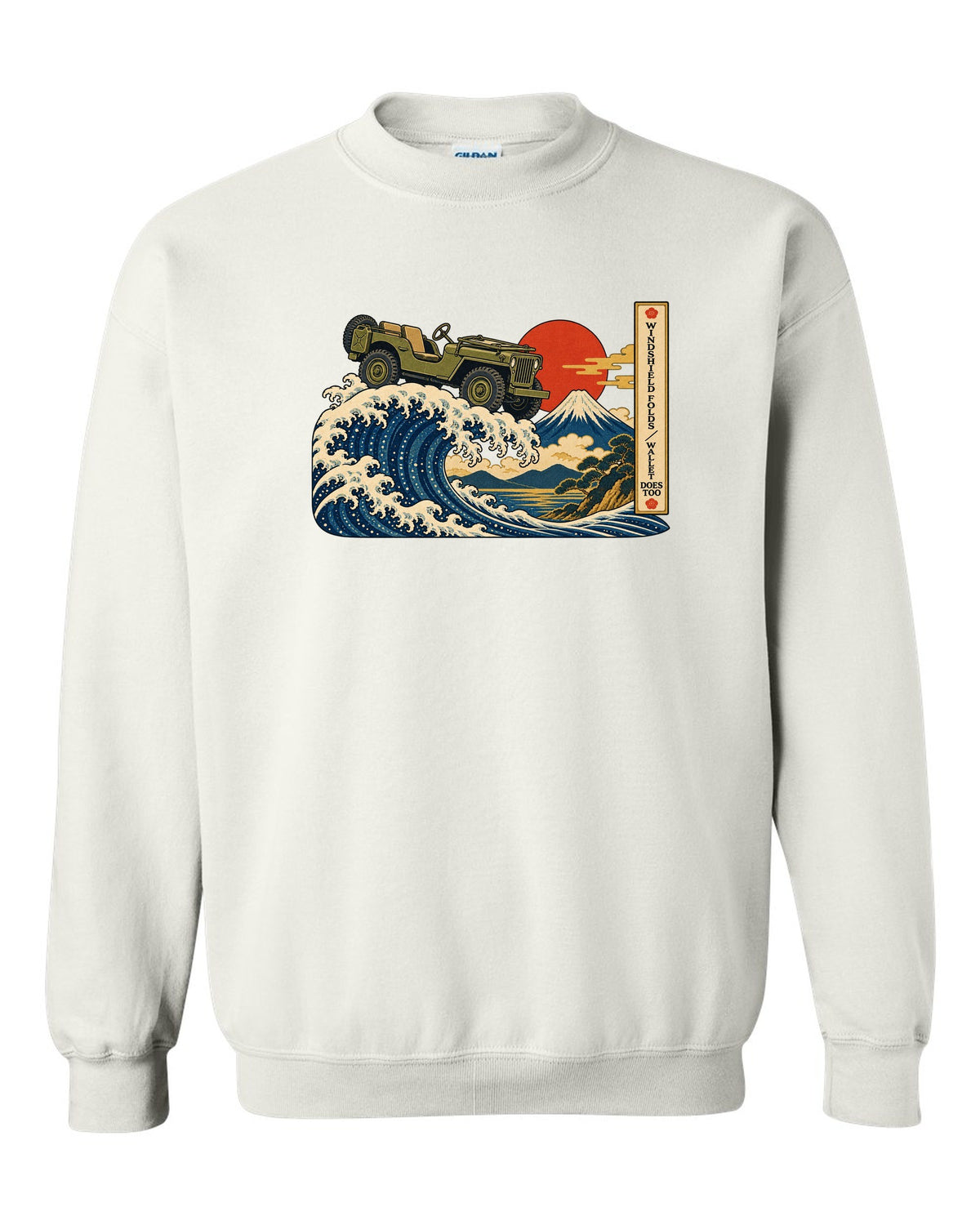 Ukiyo-e woodblock great wave print of a Willys MB with windshield joke text white crewneck front view with the design