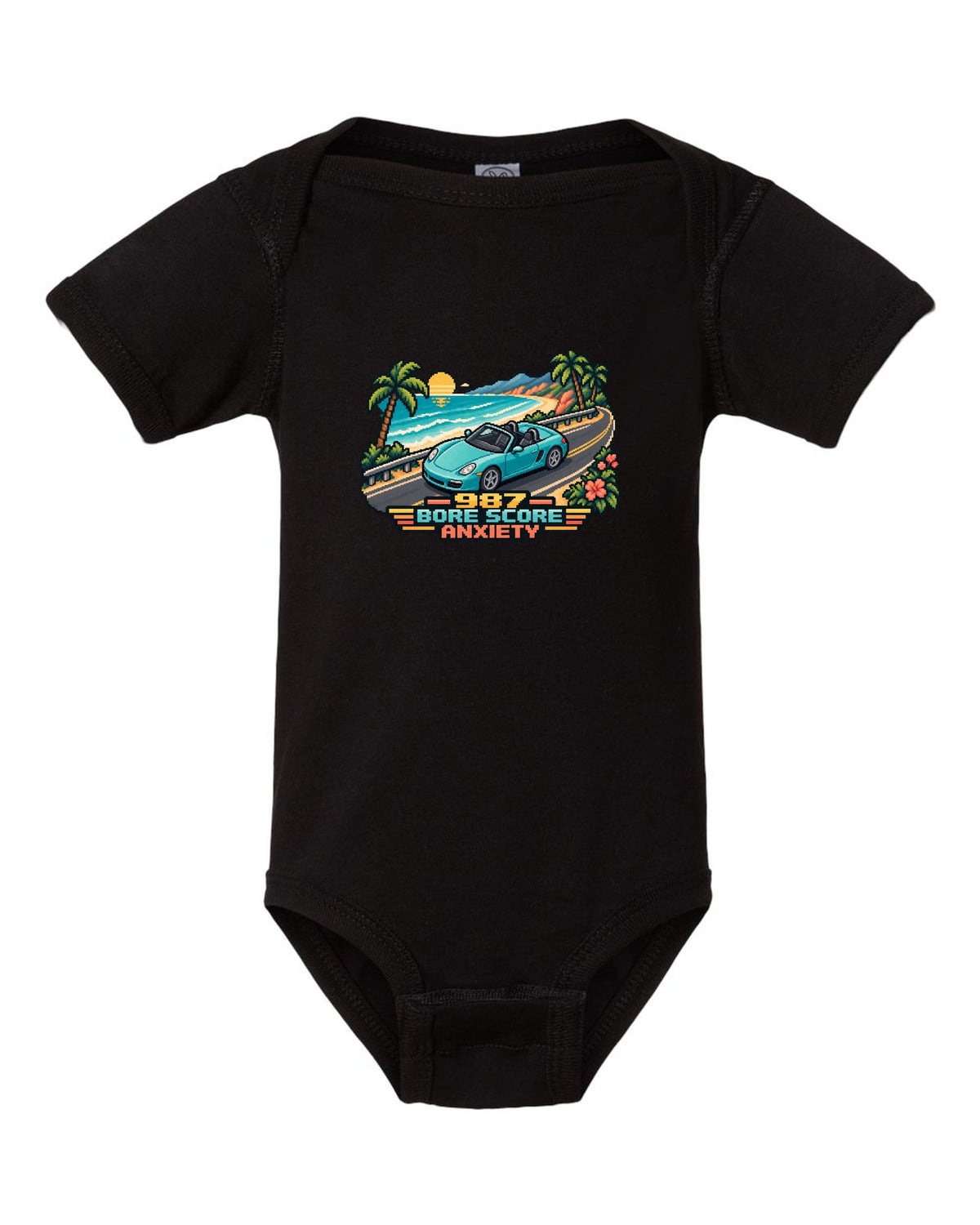 Porsche Boxster 987 isometric pixel art roadster with bore score anxiety text black baby onesie front view with the design