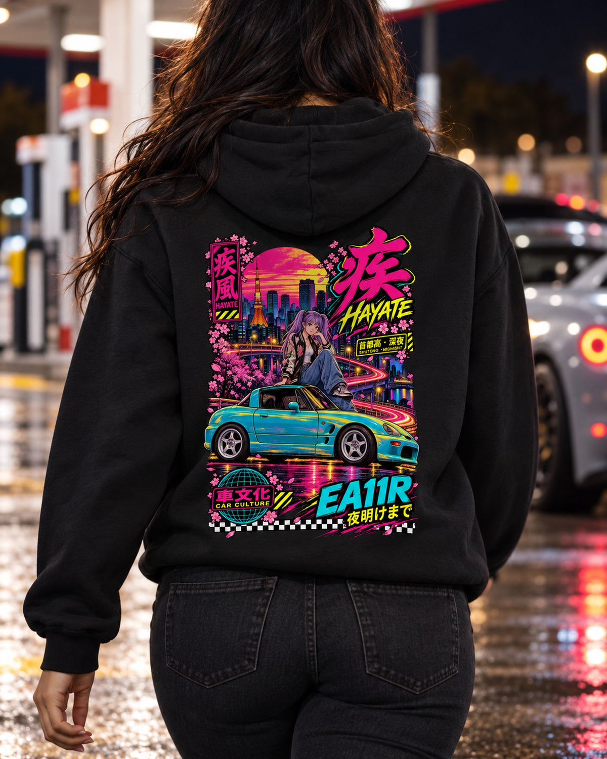 HAYATE EA11R Anime Girl Full-Back Graphic Tee Pull Over Hoodie Black worn hero