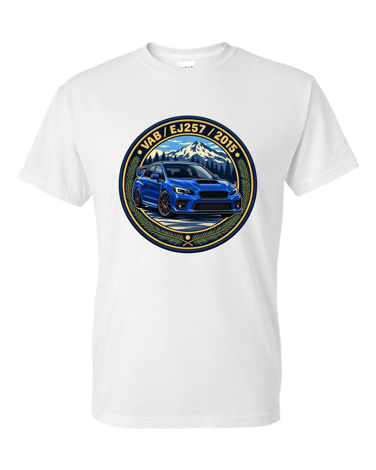 Subaru WRX STI VAB round varsity crest print, VAB / EJ257 / 2015 white t-shirt front view with the design