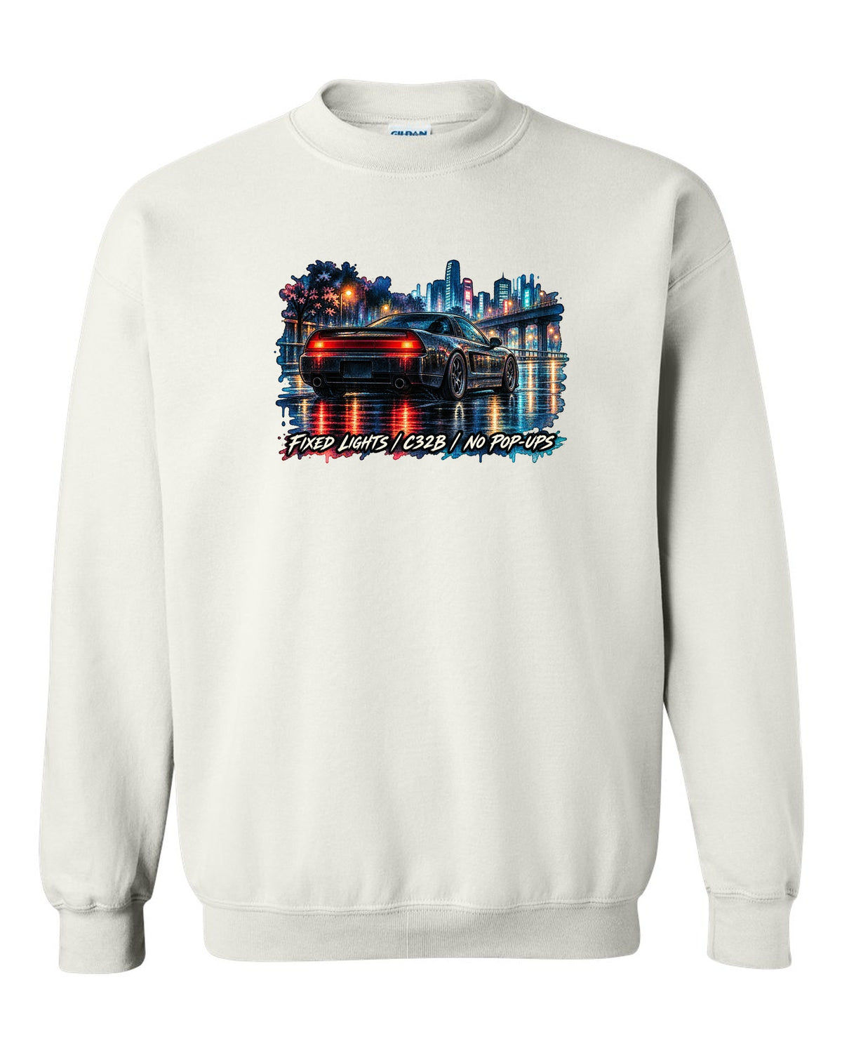 Watercolour wet-road night print of a Honda NSX NA2 with fixed lights C32B no pop-ups text white crewneck front view with the design